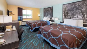 A hotel room with two beds, a desk with a telephone and coffee maker, a chair, and a large window. - Super 8 by Wyndham Somerset (Somerset)