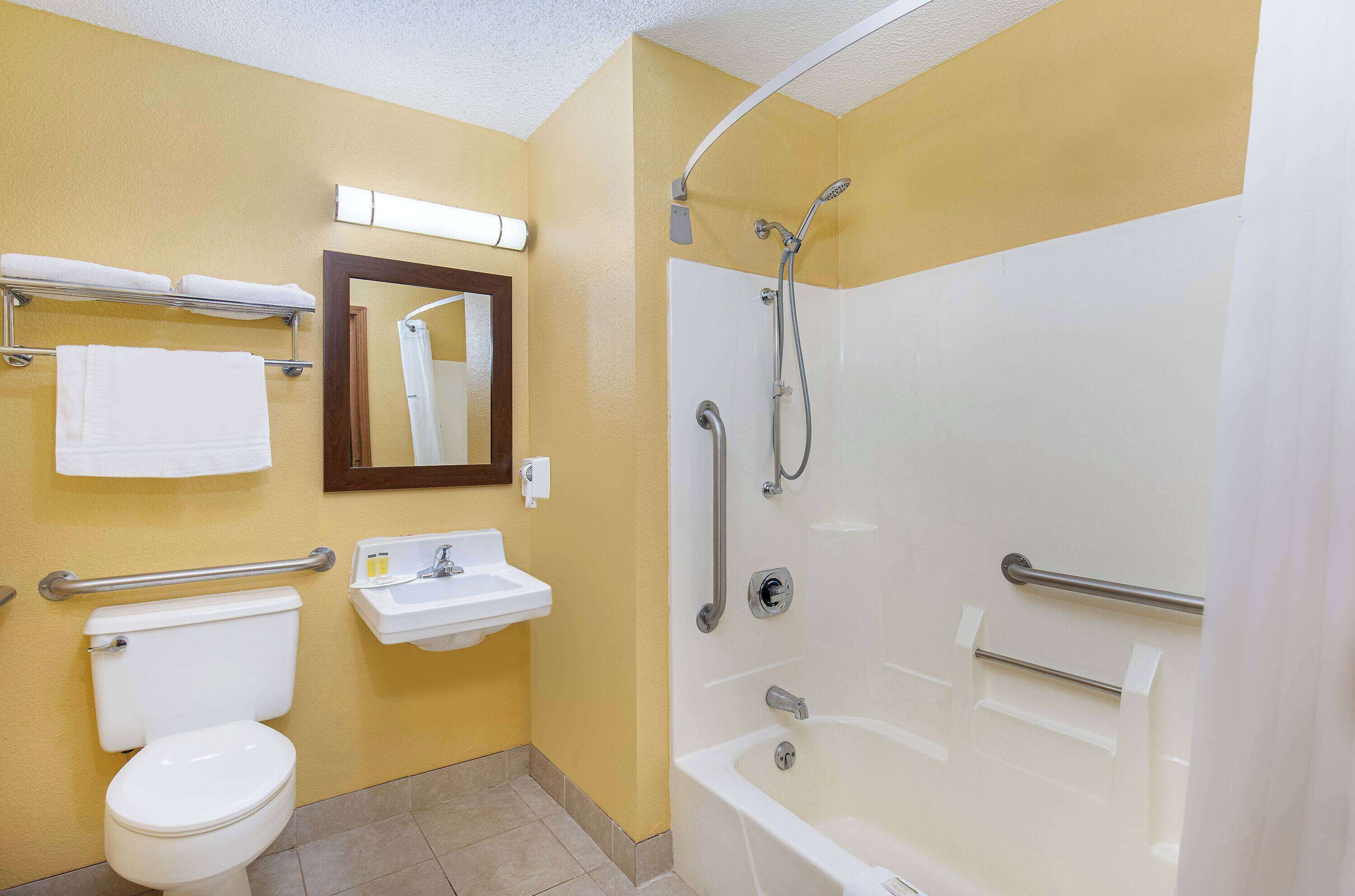 Ein Badezimmer mit Toilette, Waschbecken, Spiegel, Handtuchhalter, Dusche und Haltegriffen.