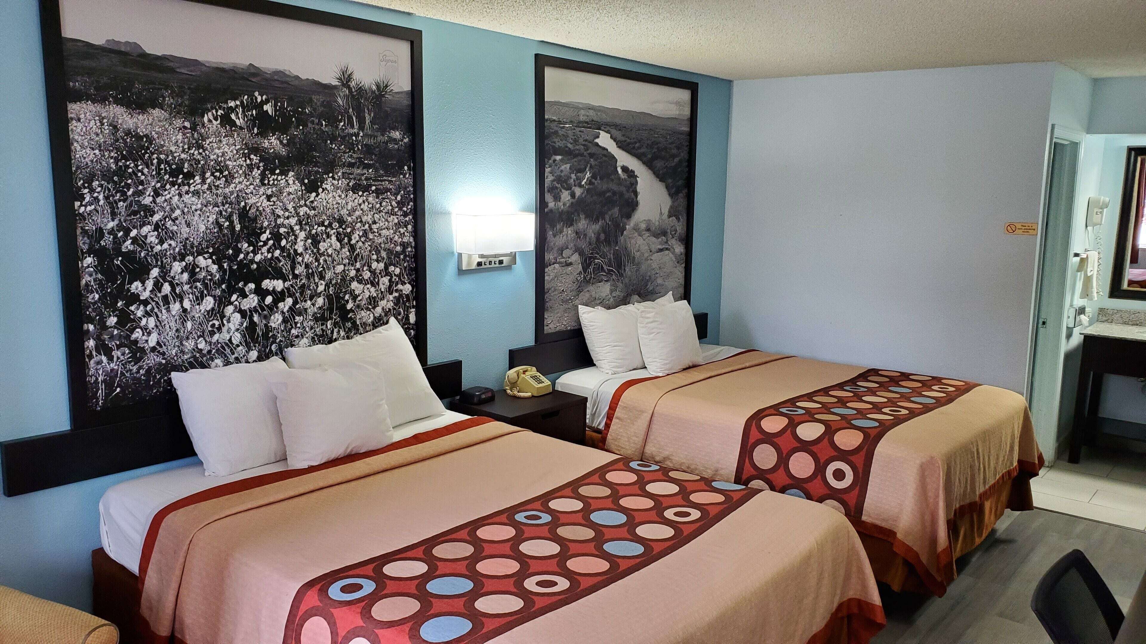 Down duvets, desk, laptop workspace, blackout curtains