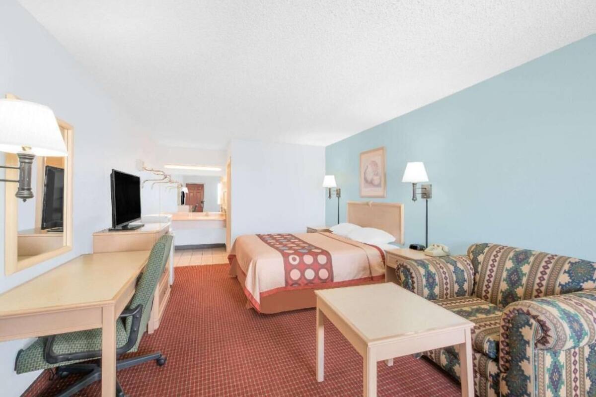 Una habitación de hotel con cama, escritorio, silla, televisor y sofá estampado.