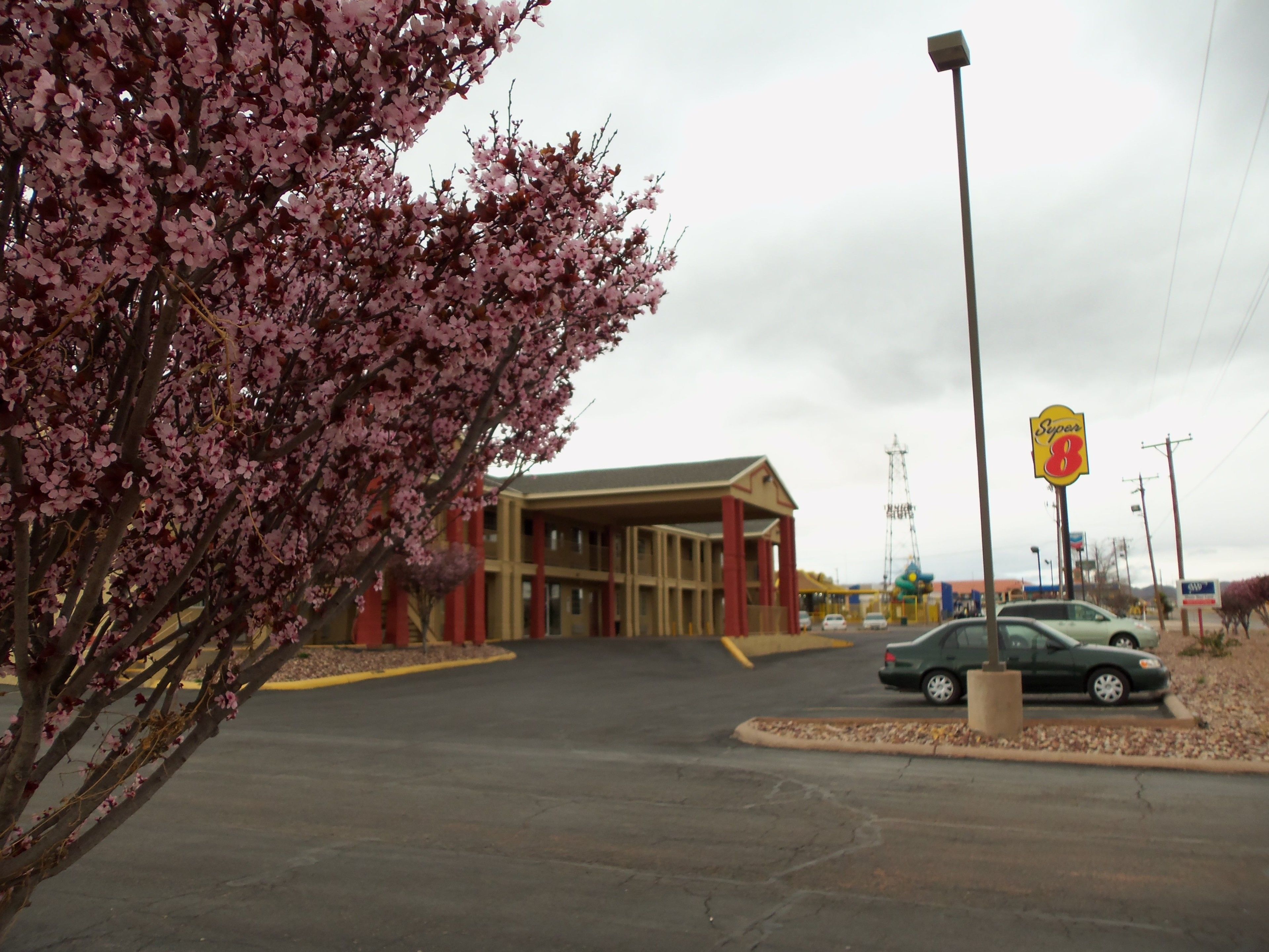 A parking lot with a building that has a covered entrance and a Super 8 sign.