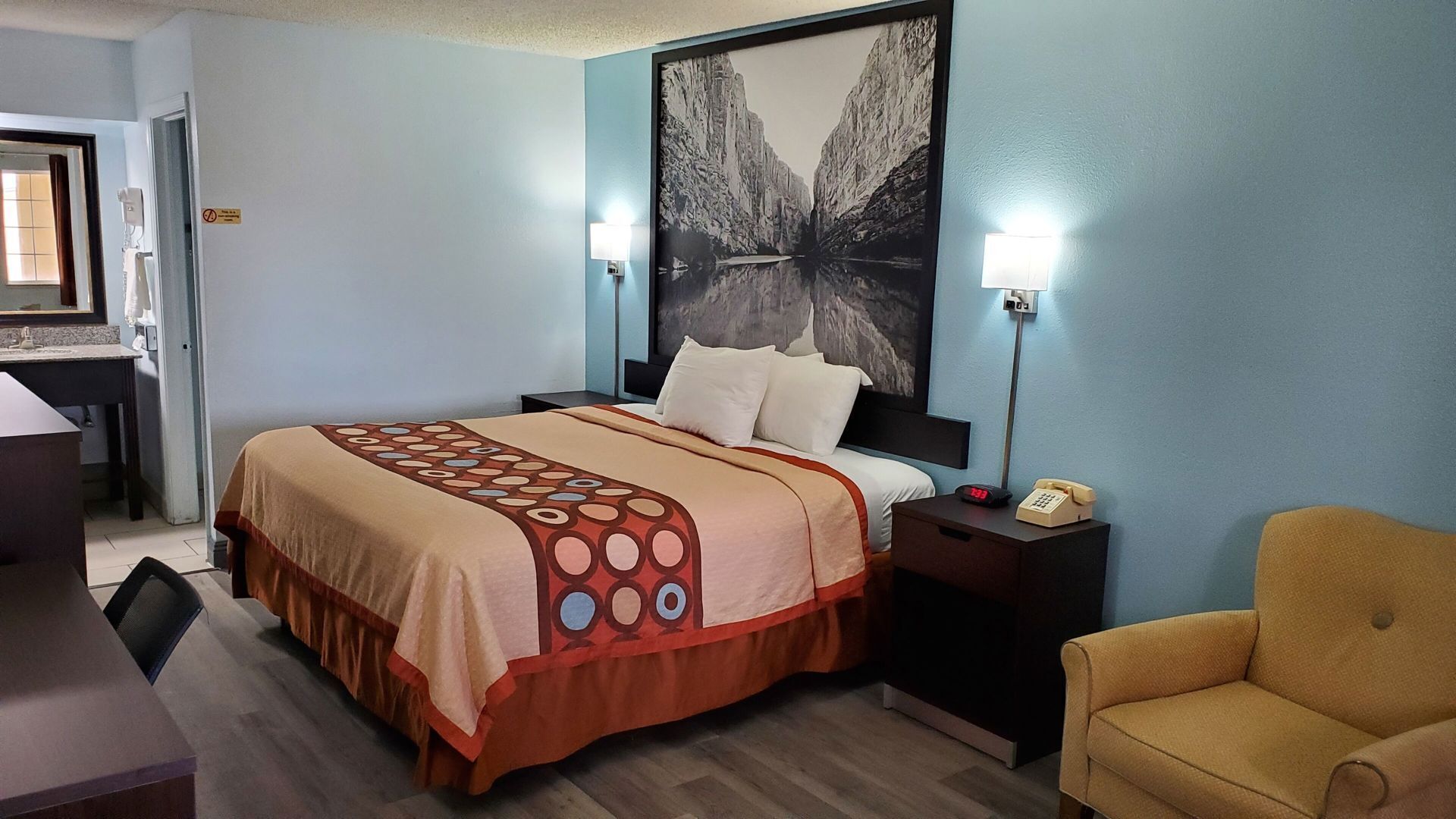 Down duvets, desk, laptop workspace, blackout curtains