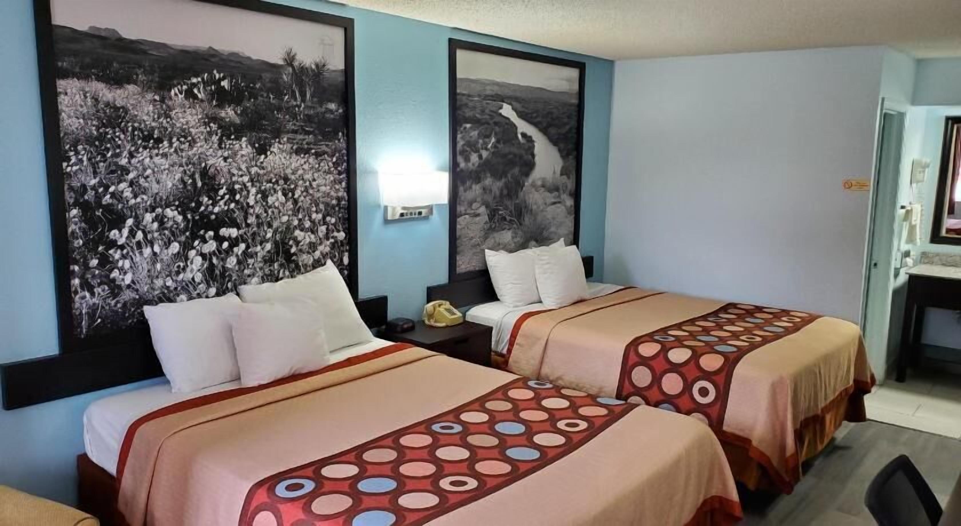 Down duvets, desk, laptop workspace, blackout curtains