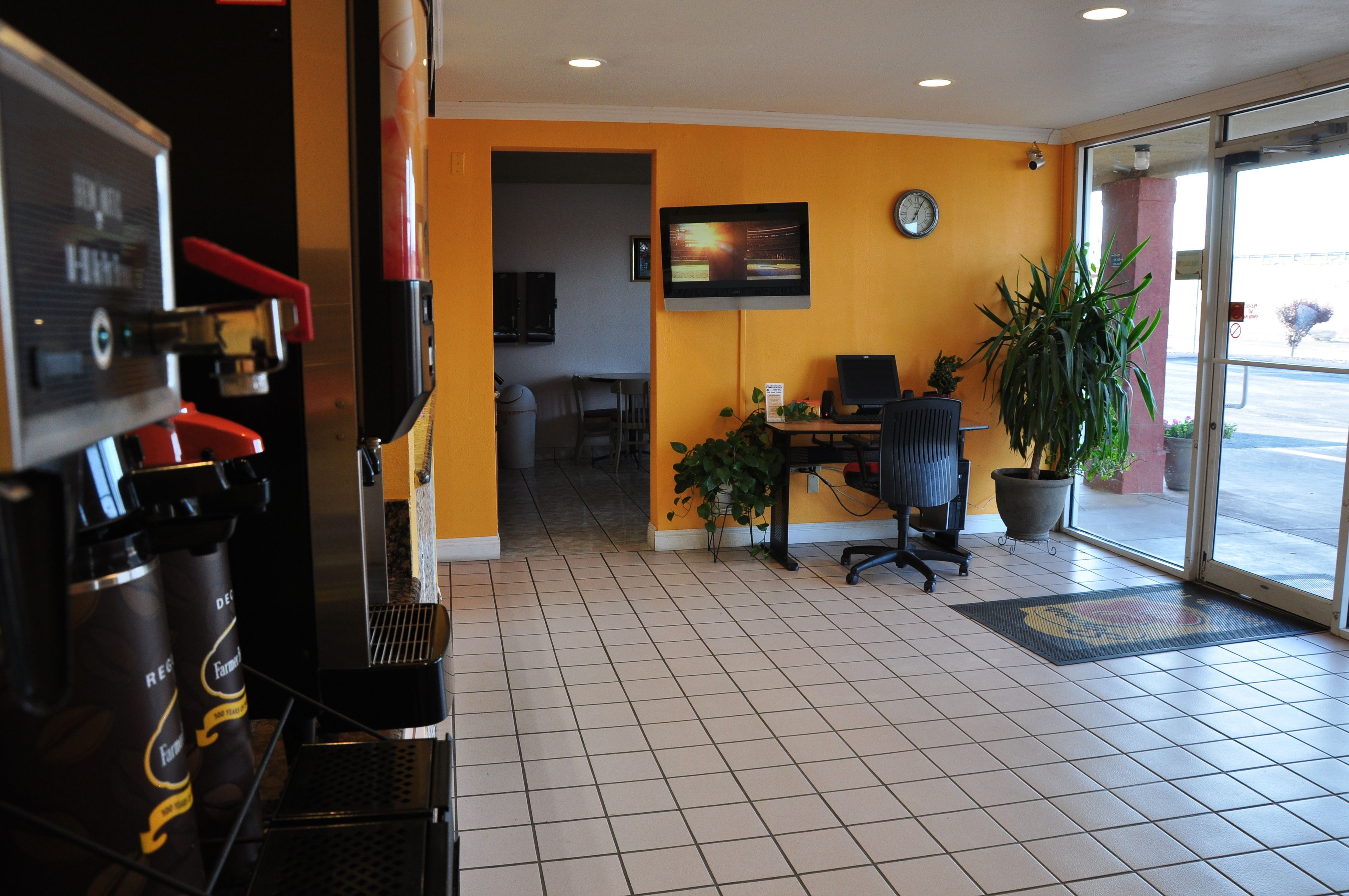 A coffee shop interior with a coffee machine, seating area, and a large plant.