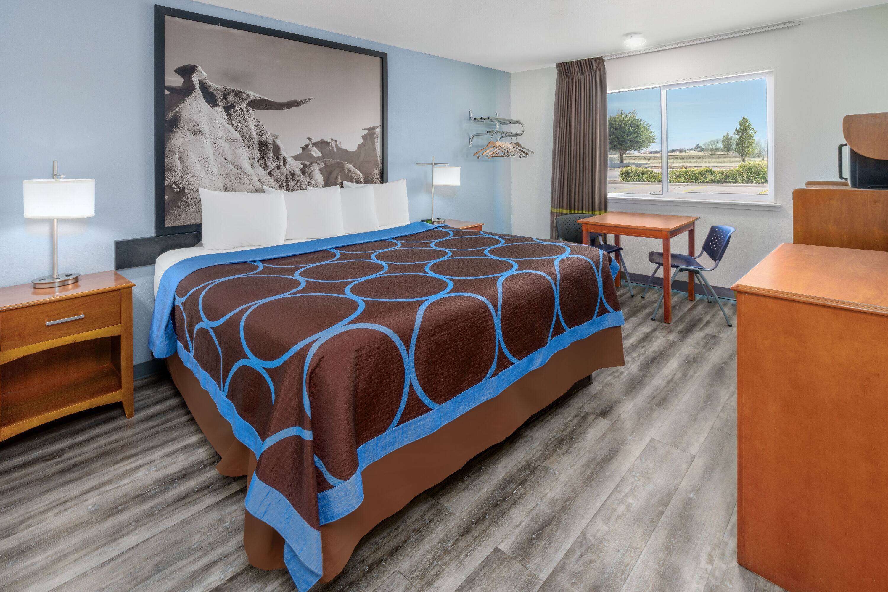A hotel room with a large bed, a desk, a chair, a window with a view, and a wall-mounted coat rack.