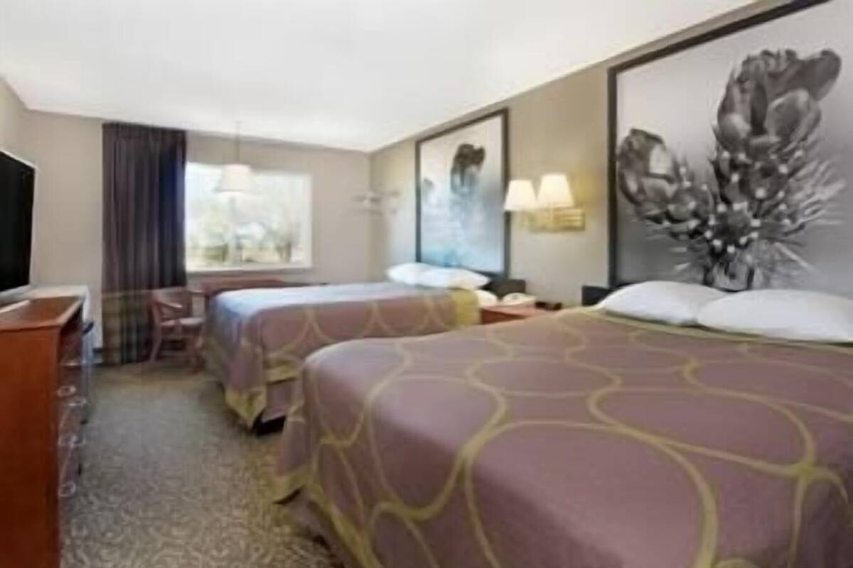 Une chambre d’hôtel avec deux lits, une télévision, un bureau, une chaise, une fenêtre avec des rideaux et un mur orné d’un tableau représentant des motifs floraux.
