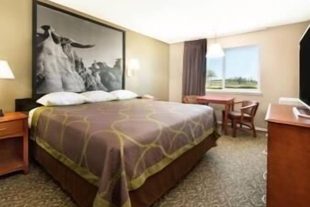 Une chambre d’hôtel avec un lit, un bureau, une chaise, une fenêtre et un tableau au mur.