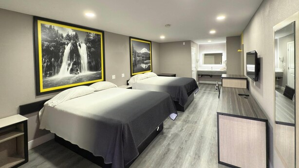 Habitación de hotel con dos camas, un espejo grande, un televisor y obras de arte en las paredes.