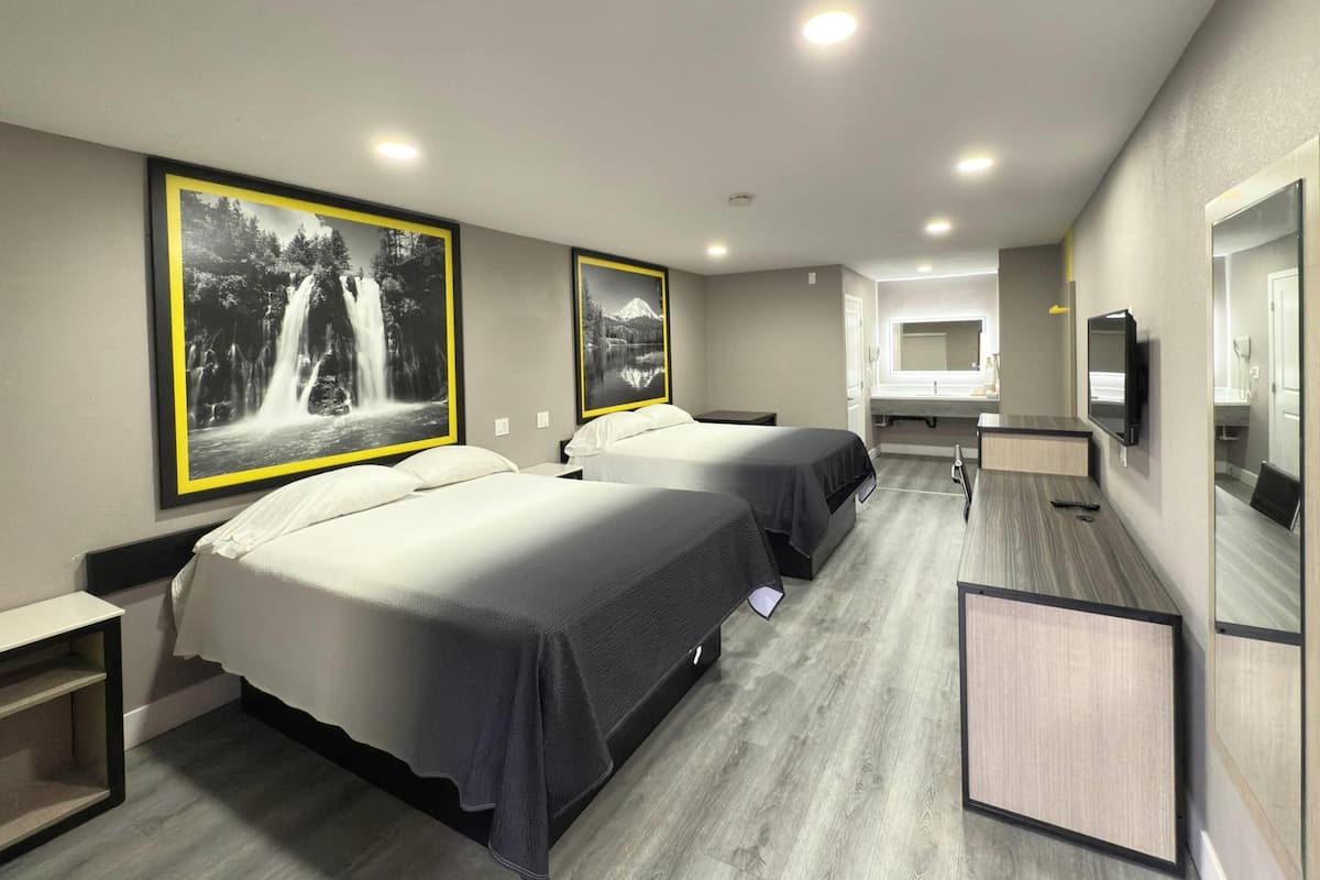 Ein Hotelzimmer mit zwei Betten, einem großen Spiegel, einem Fernseher und Kunstwerken an den Wänden.