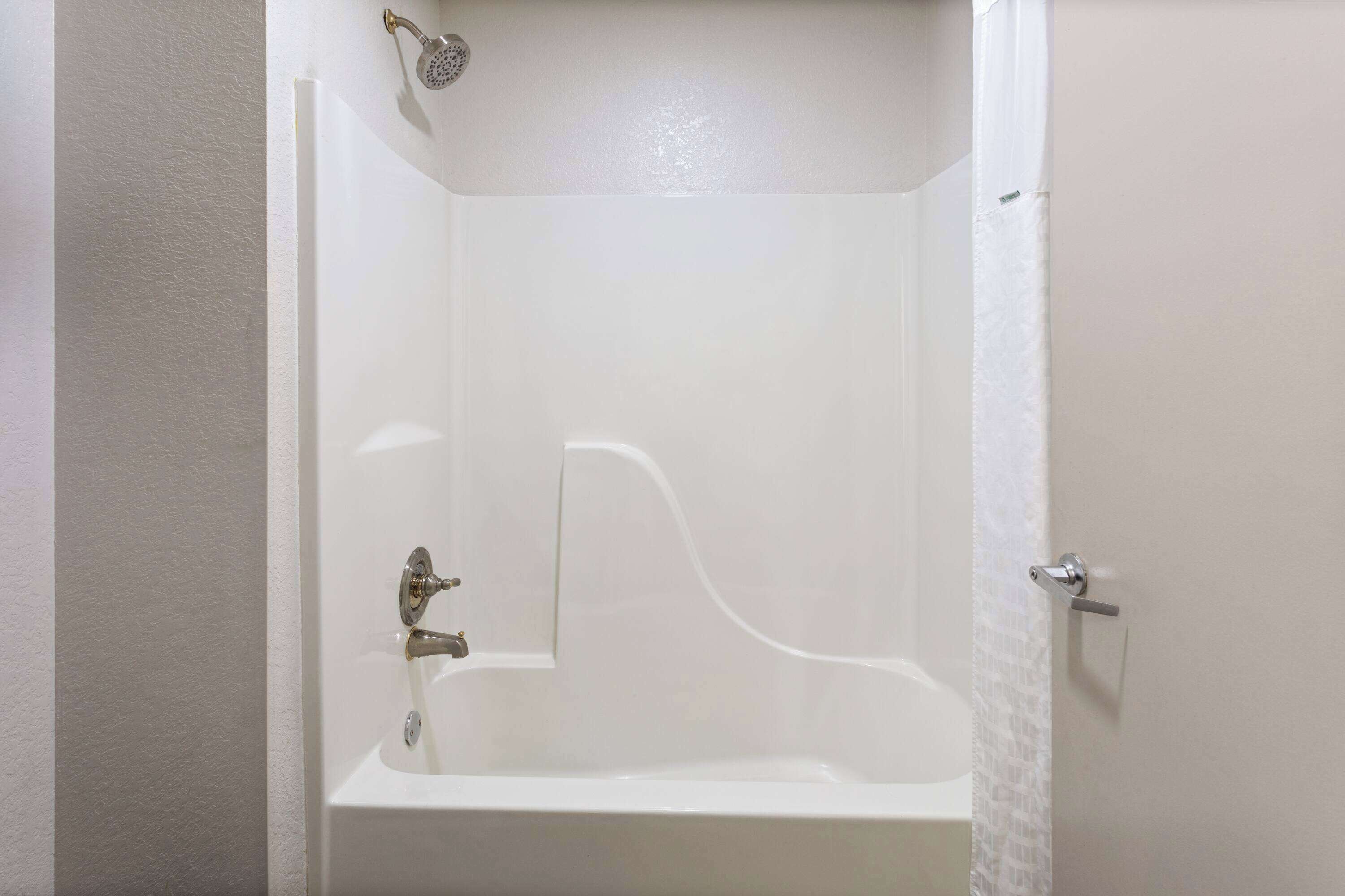Une salle de bain avec une baignoire, une douche et une porte.