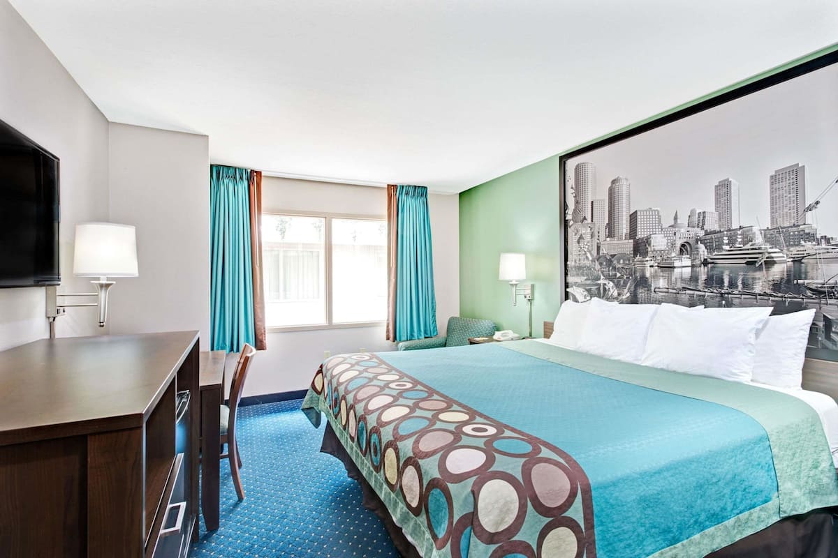 Une chambre d’hôtel avec un lit, un bureau, une chaise, une télévision et une vue sur la ville.