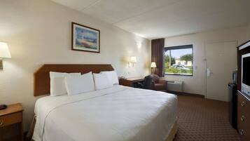 Een bureau, verduisterende gordijnen, een strijkplank/strijkijzer