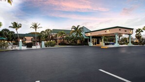 Una estación de servicio con una marquesina y palmeras al fondo.