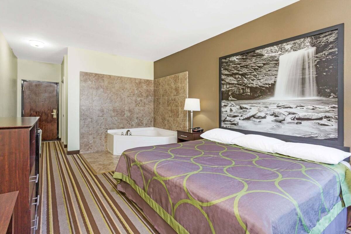 Una habitación de hotel con una cama, una bañera, un cuadro grande en la pared y una alfombra a rayas.