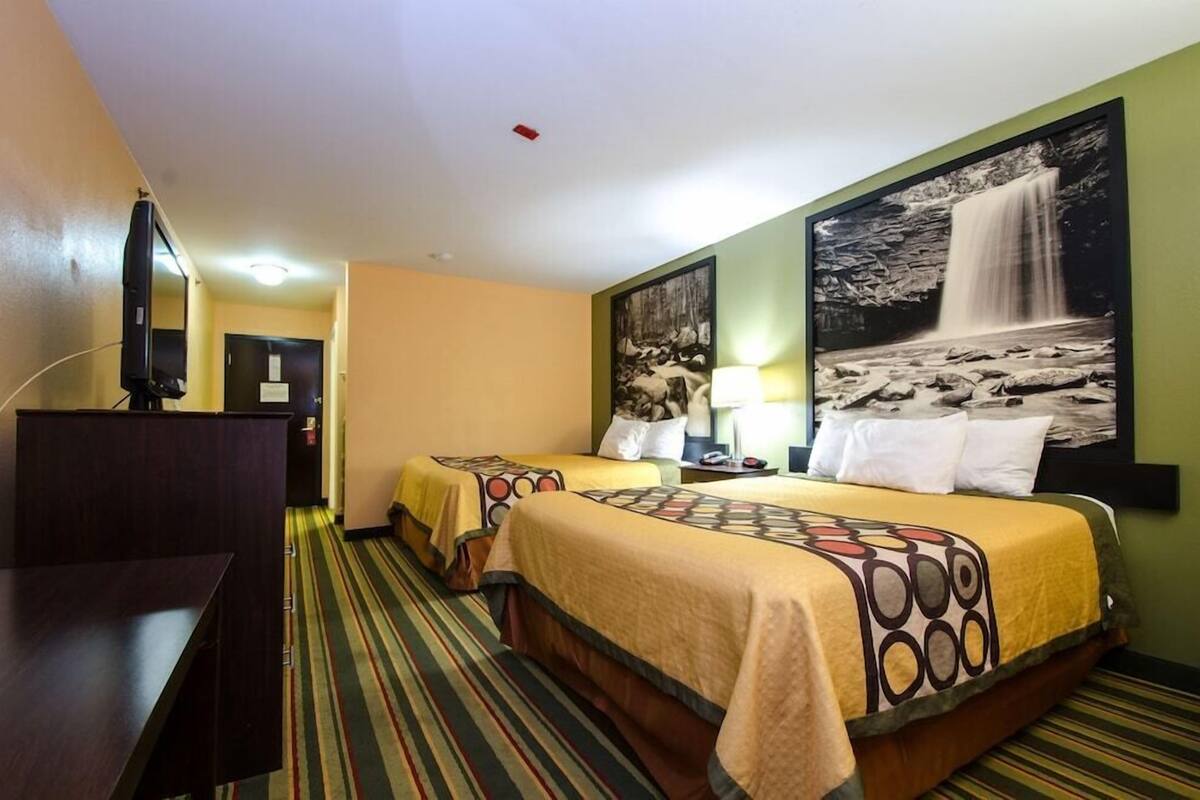 Una habitación de hotel con dos camas, un escritorio, un televisor y dos grandes obras de arte en las paredes.
