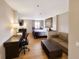 Habitación de hotel con cama, escritorio con silla, sofá, televisor y un cuadro en la pared.