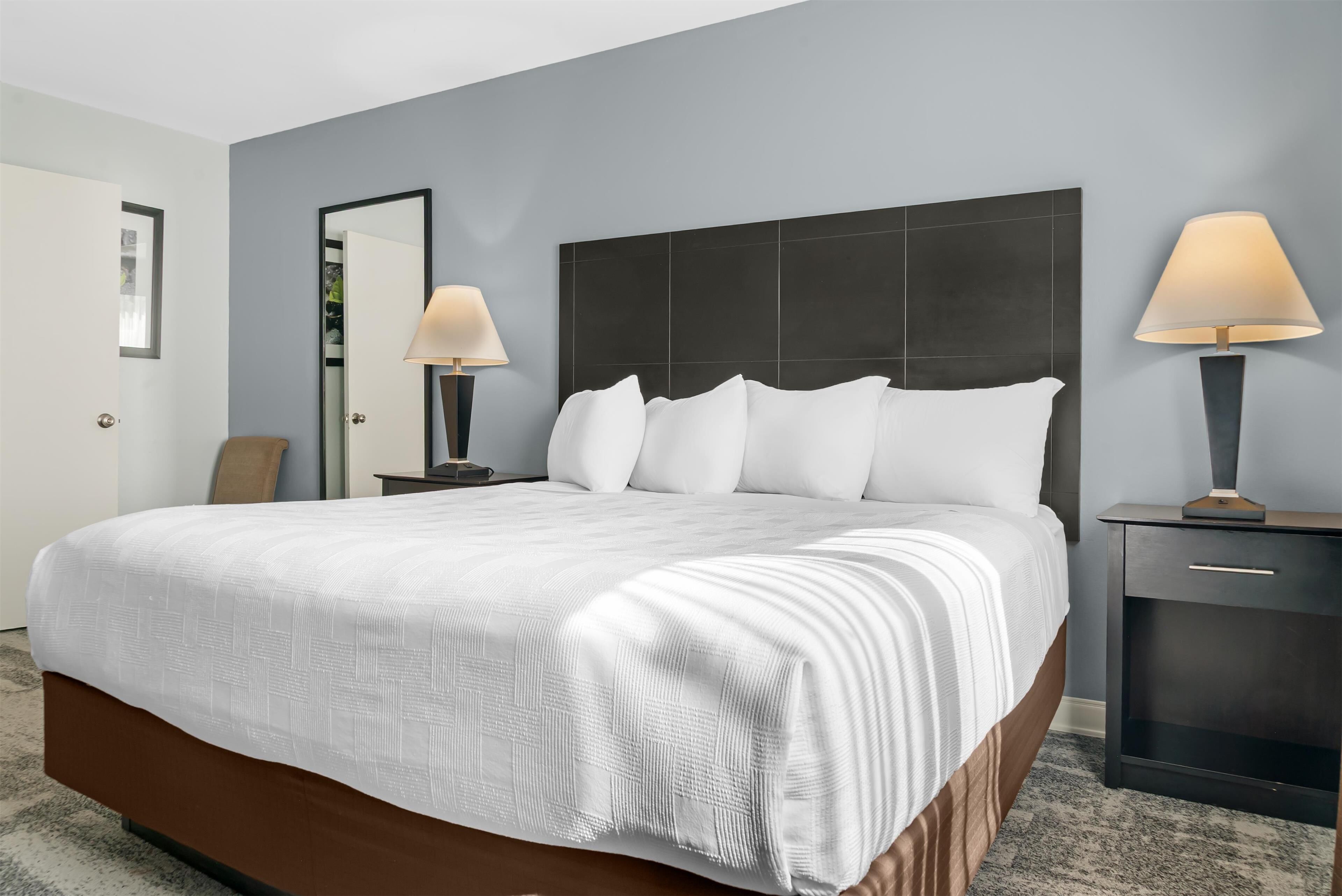 A hotel room with a large bed, two bedside tables with lamps, a dark headboard, and a grey carpet.