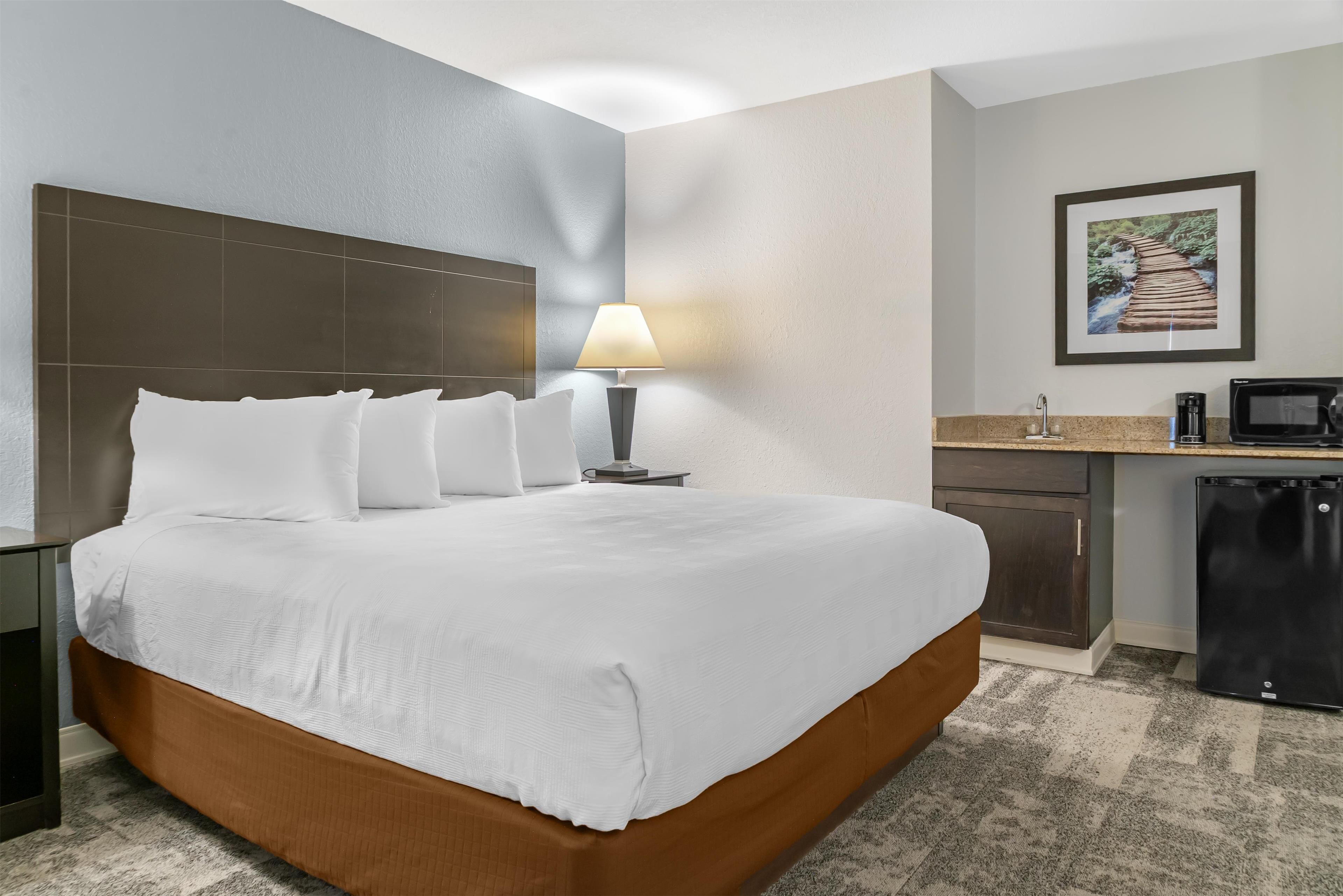 Habitación de hotel con una cama grande, un escritorio con lámpara, microondas y un refrigerador pequeño.