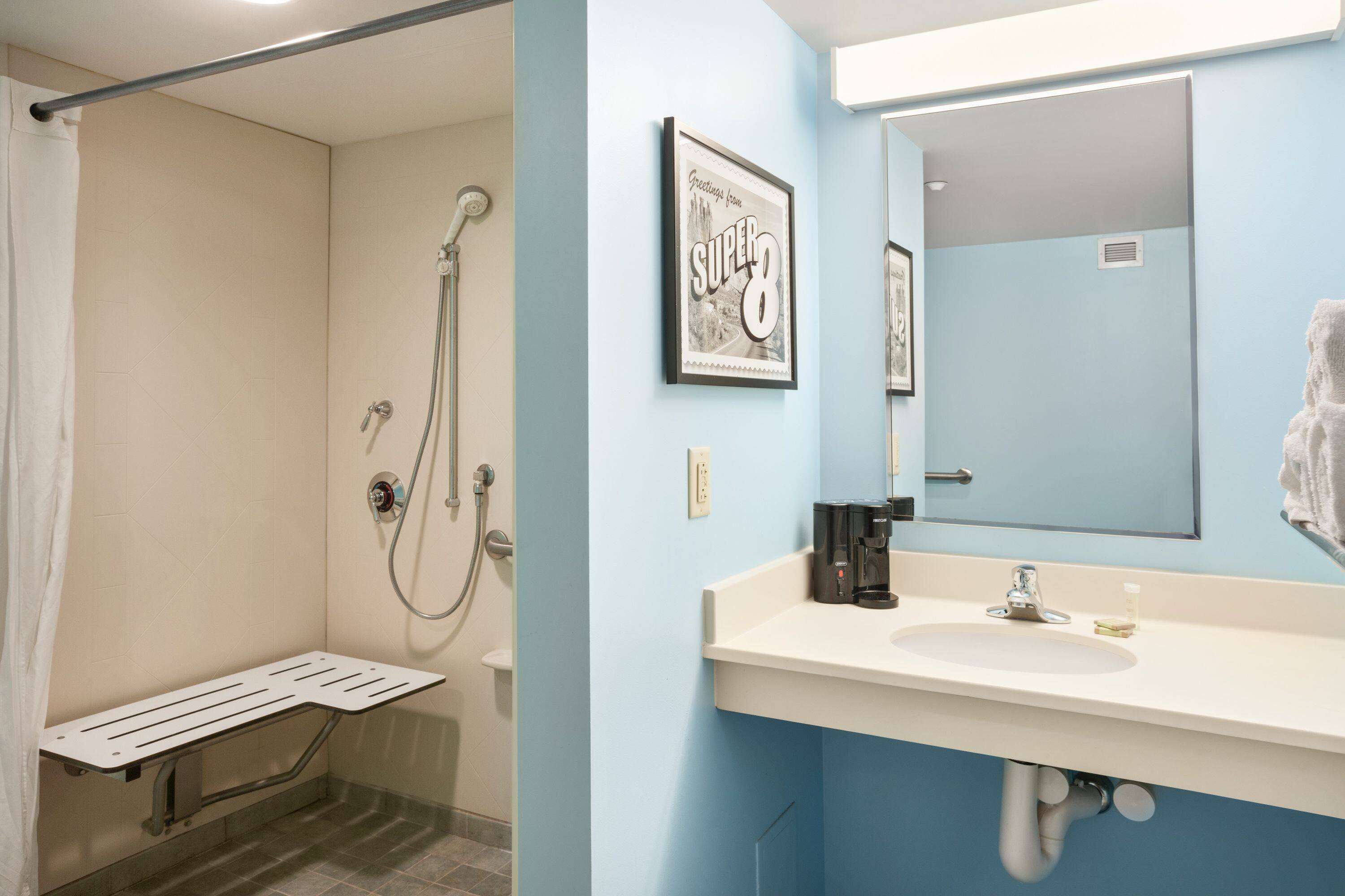 Ein Badezimmer mit Dusche, Waschbecken, Spiegel und einem gerahmten Bild an der Wand.
