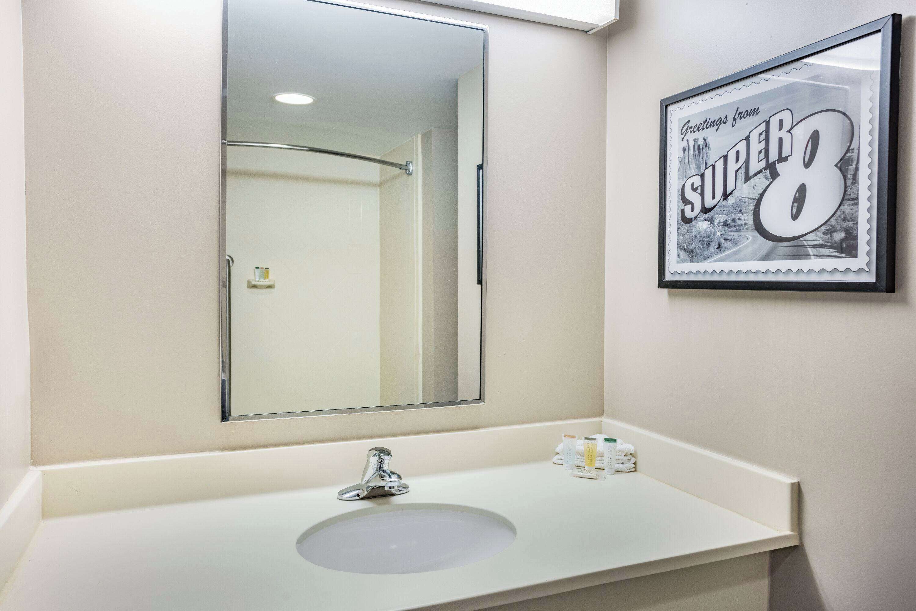 A bathroom with a white sink, a large mirror, and a framed picture of a road on the wall.