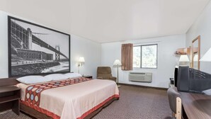 Una habitación de hotel con una cama grande, un escritorio, una silla, un televisor y una ventana.
