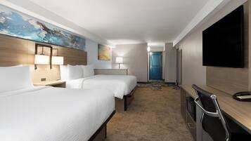 Desk, laptop workspace, blackout drapes, soundproofing