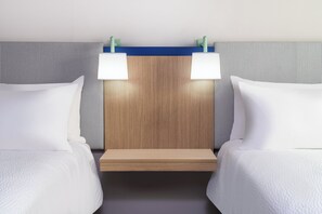 Desk, laptop workspace, blackout drapes, iron/ironing board