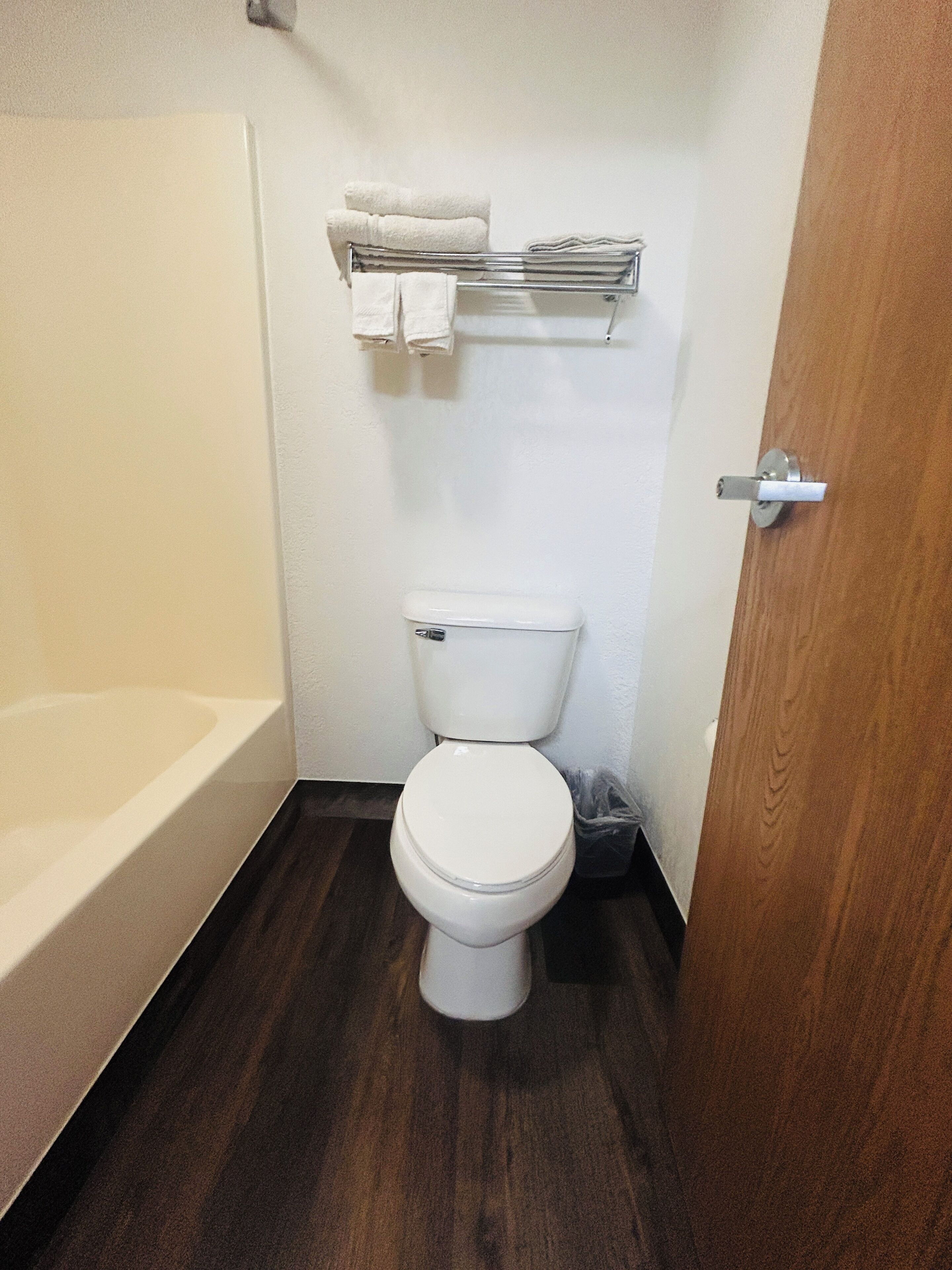 A bathroom with a white toilet, a bathtub, and a wooden door.