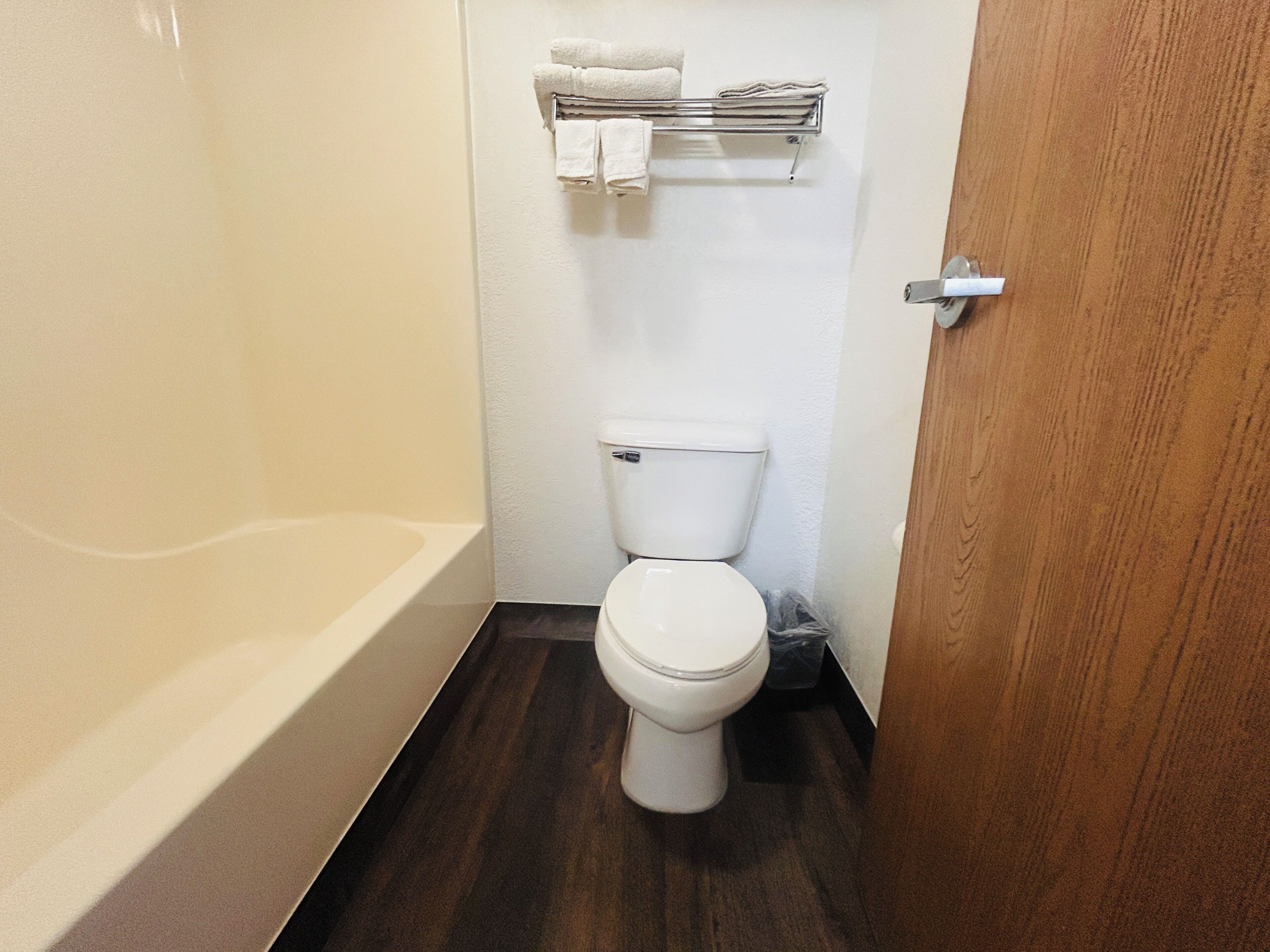 A bathroom with a white toilet, a bathtub, and a wooden door.