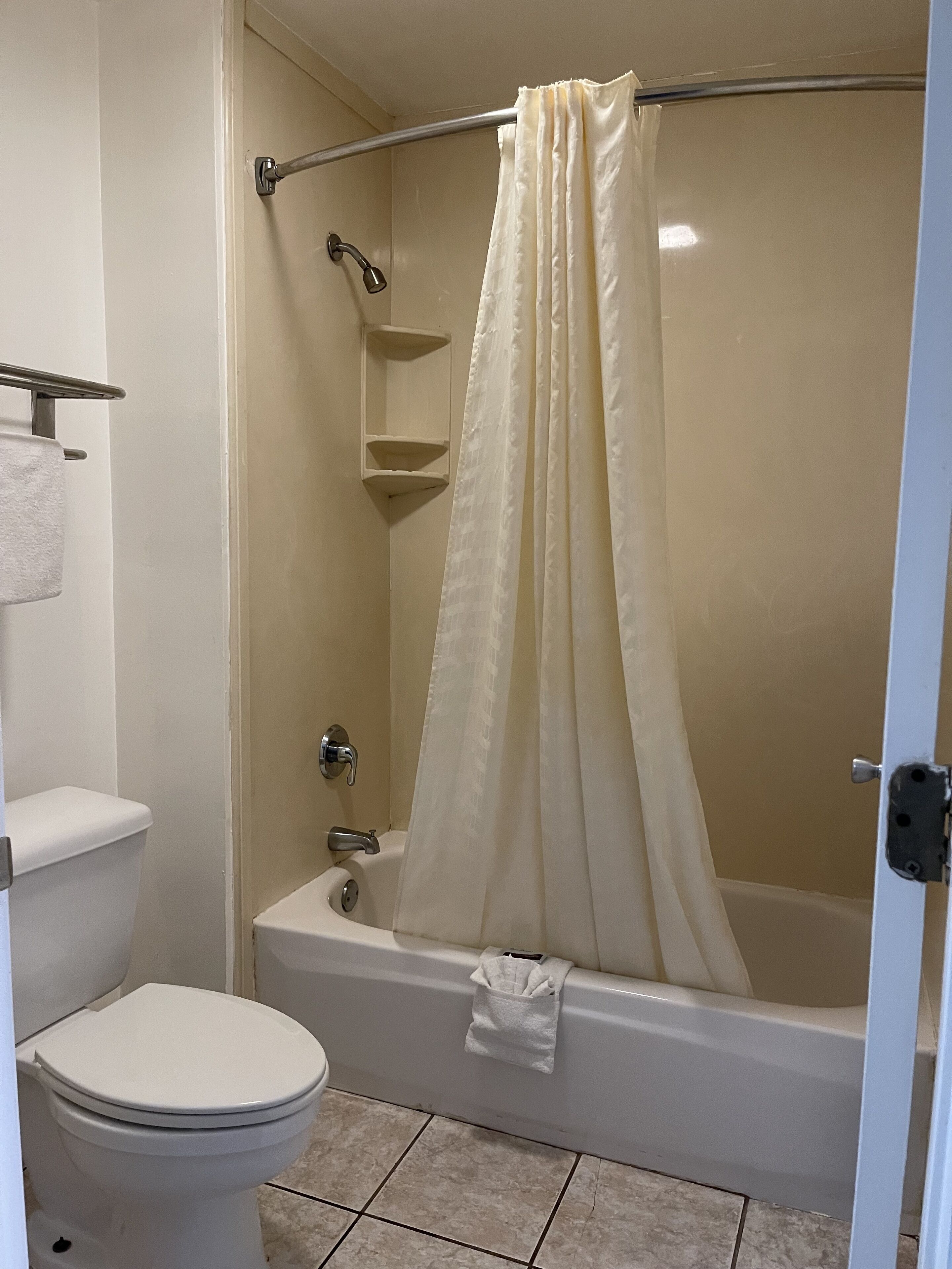 Combined shower/bathtub, hair dryer, towels