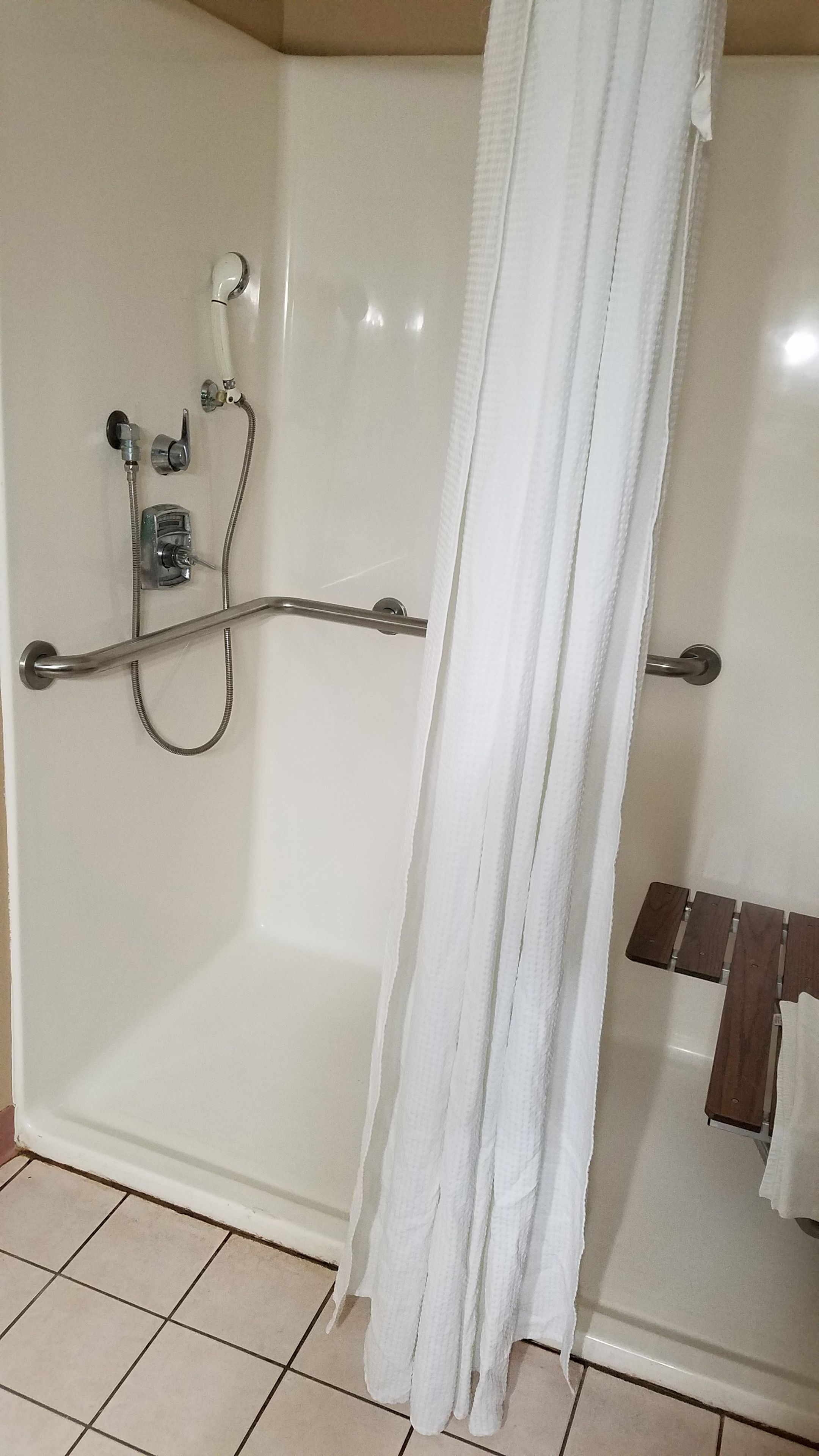 A shower area with a grab bar, a showerhead, and a towel rack.