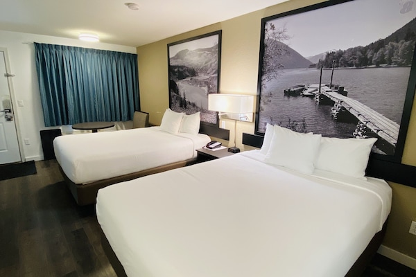 Room, 2 Queen Beds, Kitchen | Desk, laptop workspace, blackout drapes, free WiFi