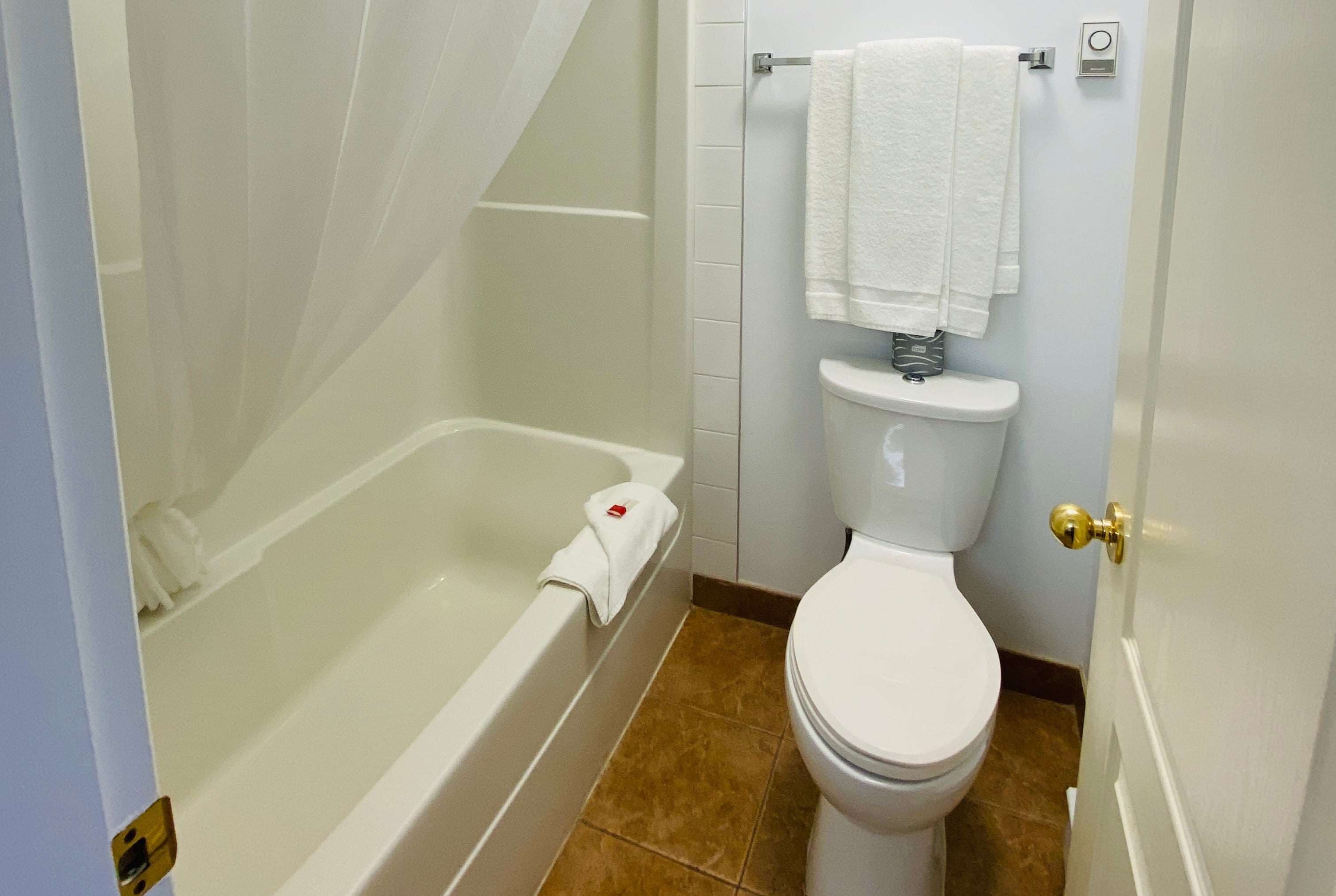 A bathroom with a bathtub, toilet, and a shower curtain.