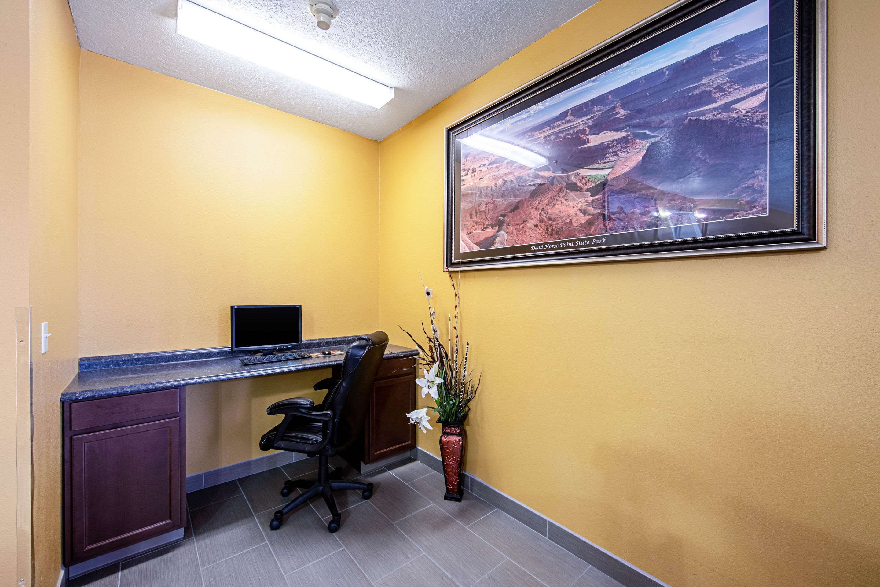 A conference room with a desk, chair, and a framed picture of a canyon.