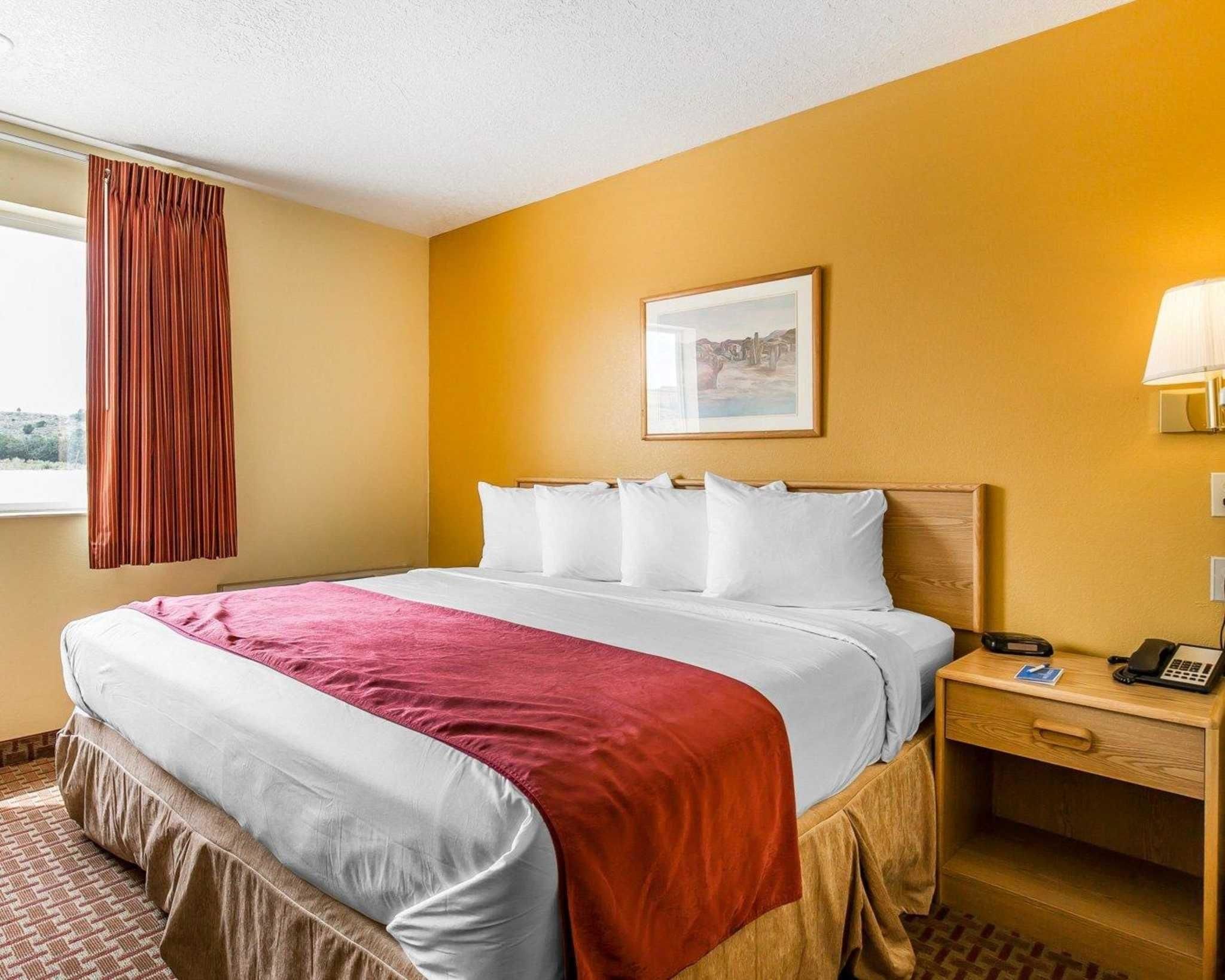 A hotel room with a bed, a nightstand, a lamp, a telephone, a window with curtains, and a painting on the wall.