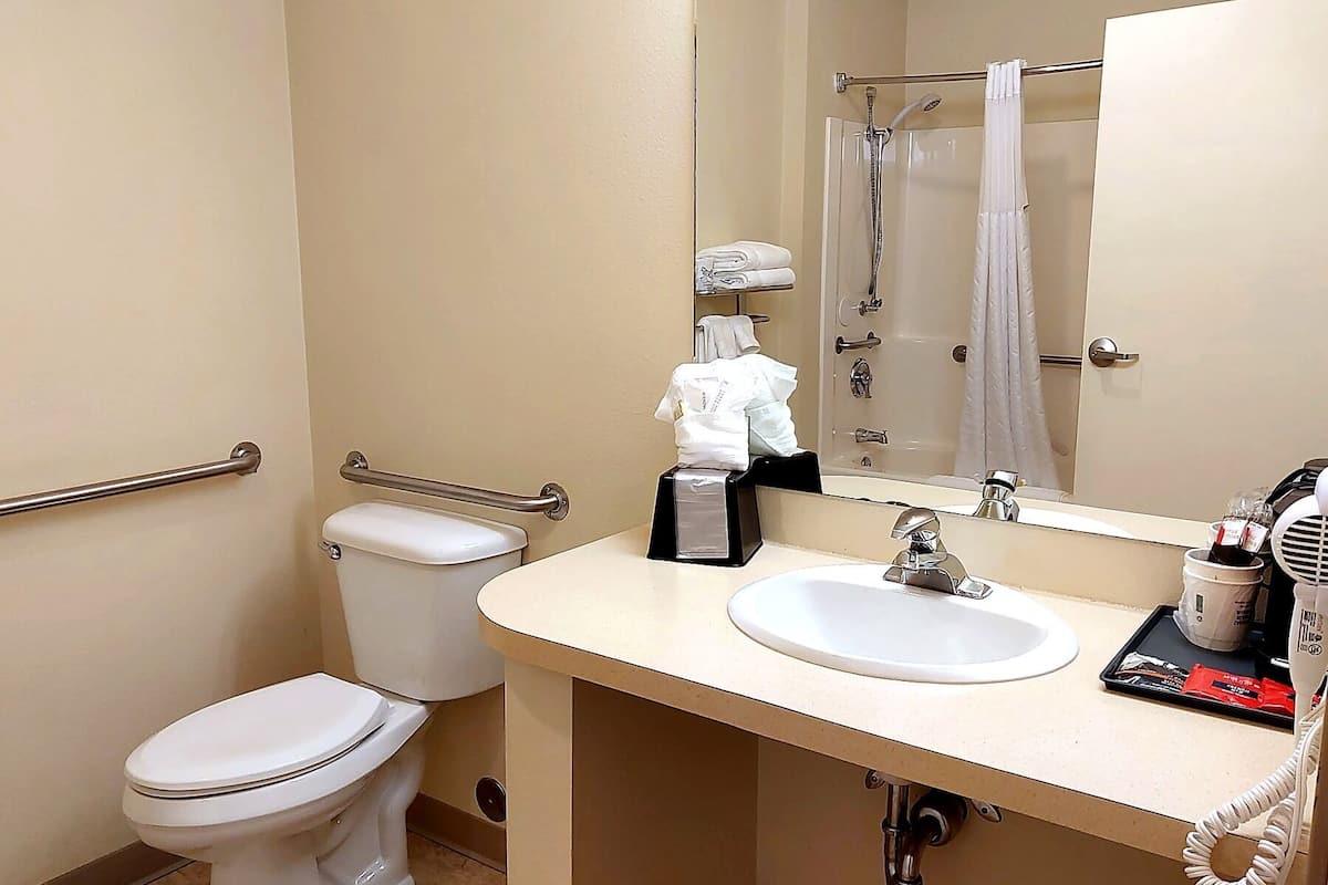 Combined shower/tub, free toiletries, hair dryer, towels