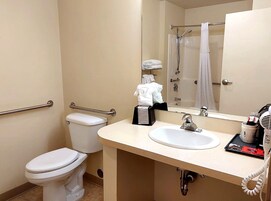 Combined shower/tub, free toiletries, hair dryer, towels