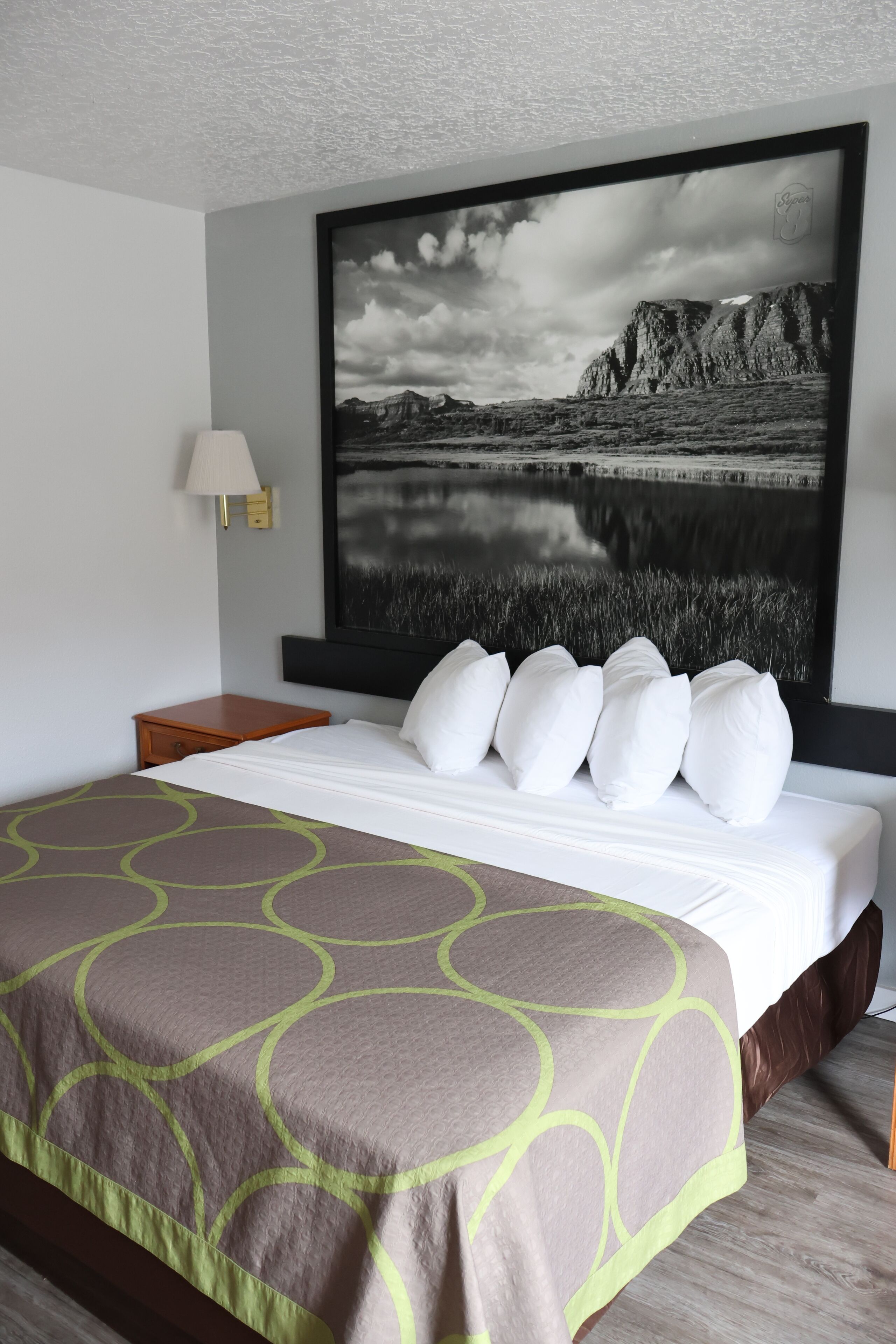 Habitació d'hotel amb un llit gran, una tauleta de nit, una làmpada penjada a la paret i un quadre gran d'un paisatge.