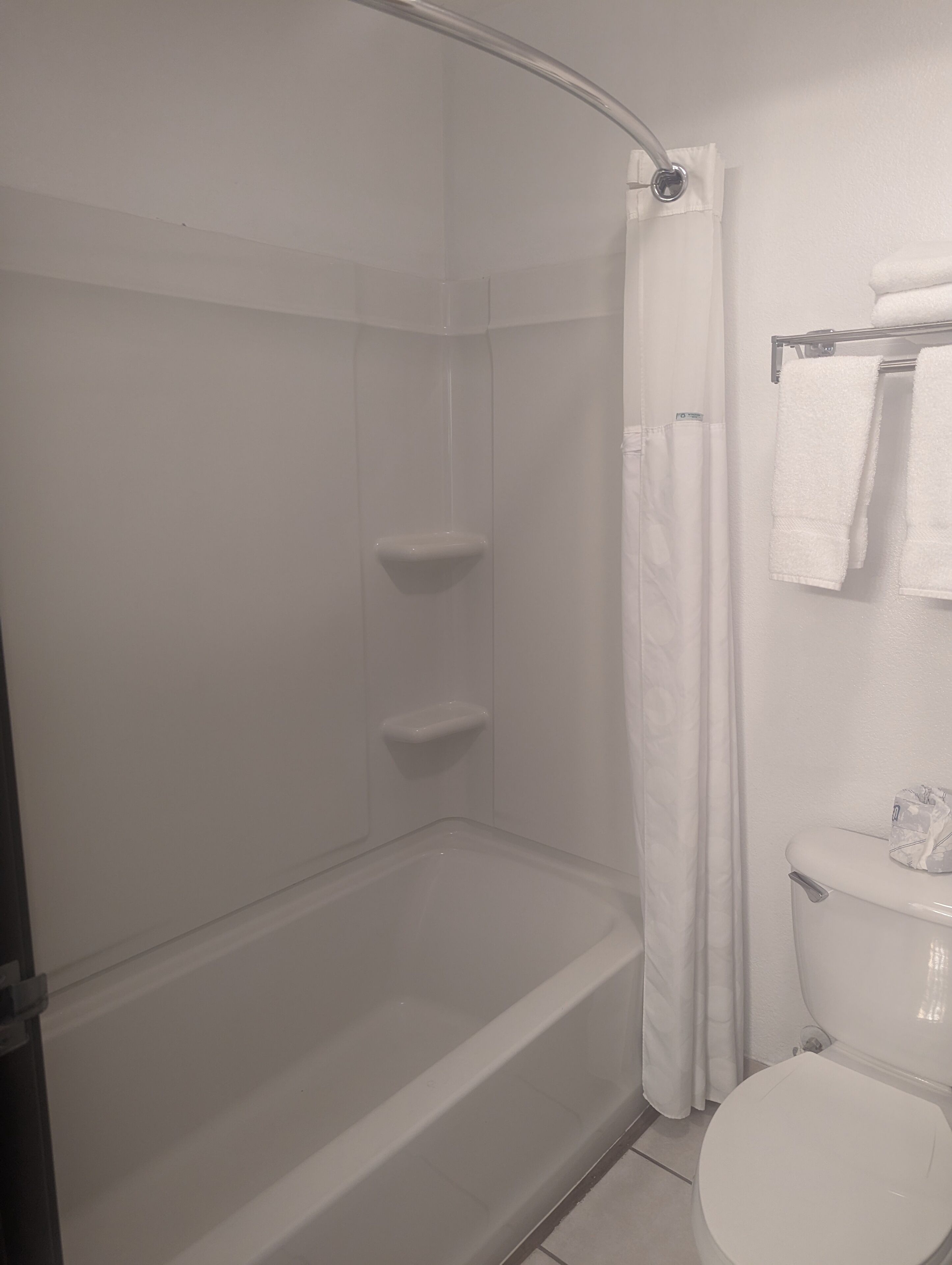 A bathroom with a bathtub, a toilet, and a shower curtain.