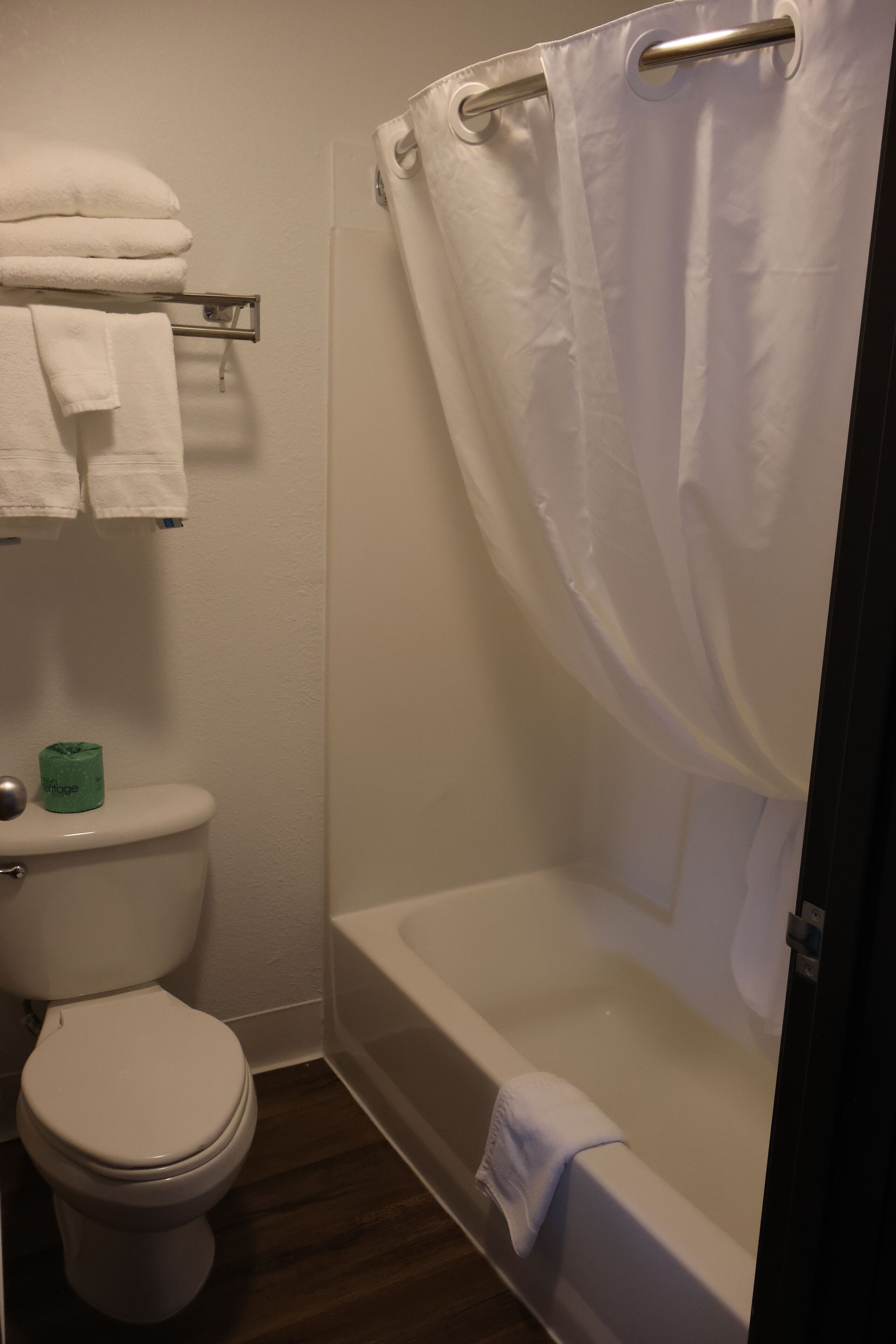 A bathroom with a toilet, a bathtub, and a shower curtain.
