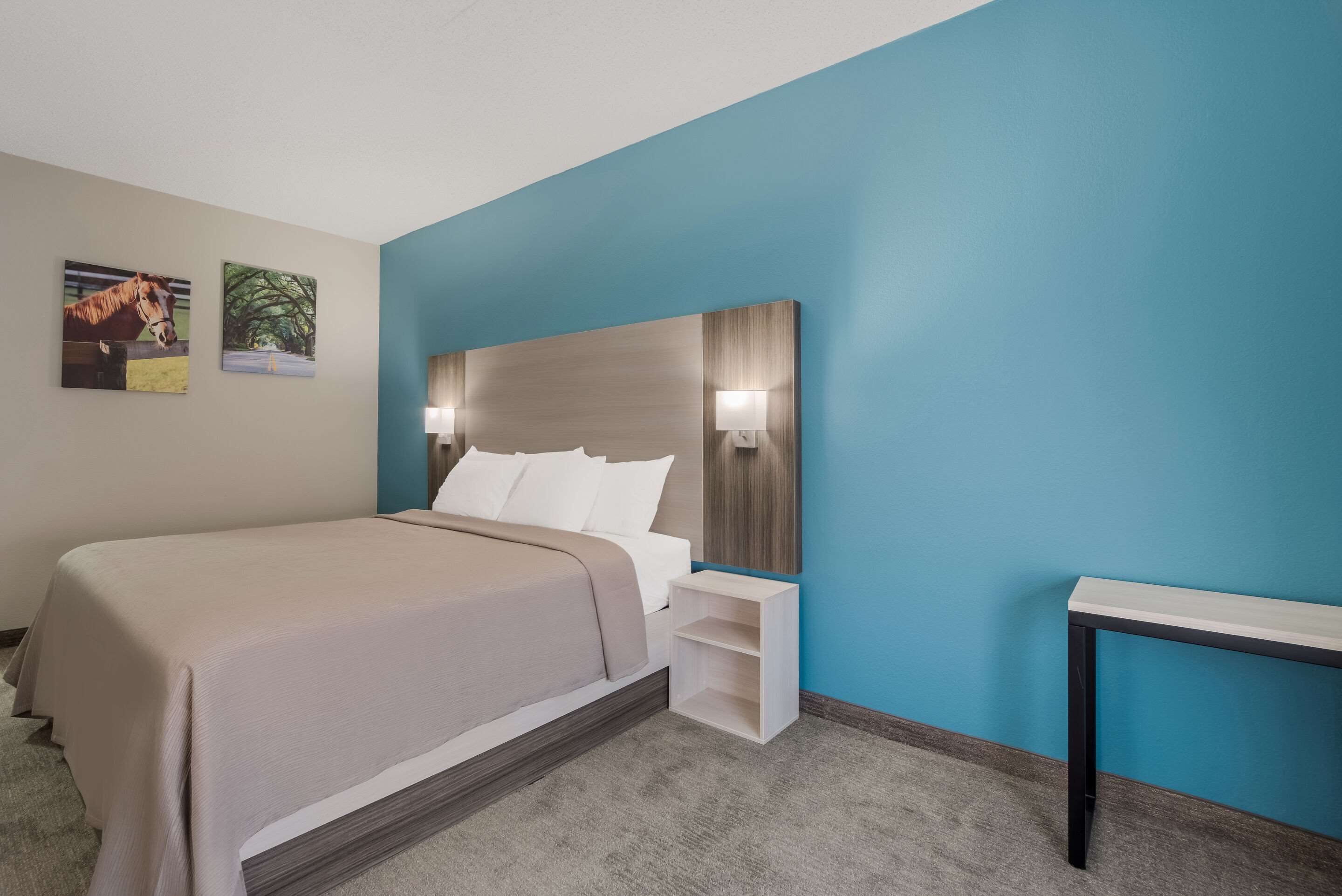Una habitación de hotel con cama, mesita de noche, escritorio y dos lámparas fijadas a la pared.