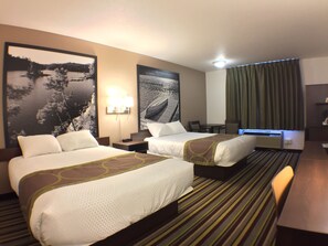 A hotel room with two beds, a desk, and a chair. There are two wall-mounted lamps and a large window with curtains. - Super 8 by Wyndham Kenora (Kenora)