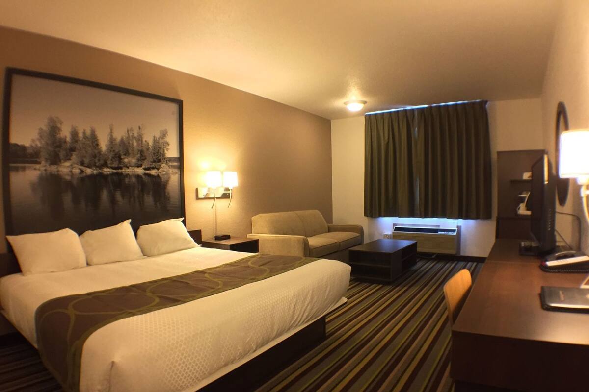 Habitación de hotel con una cama grande, un sofá, un escritorio con computadora, una lámpara y un cuadro en la pared.