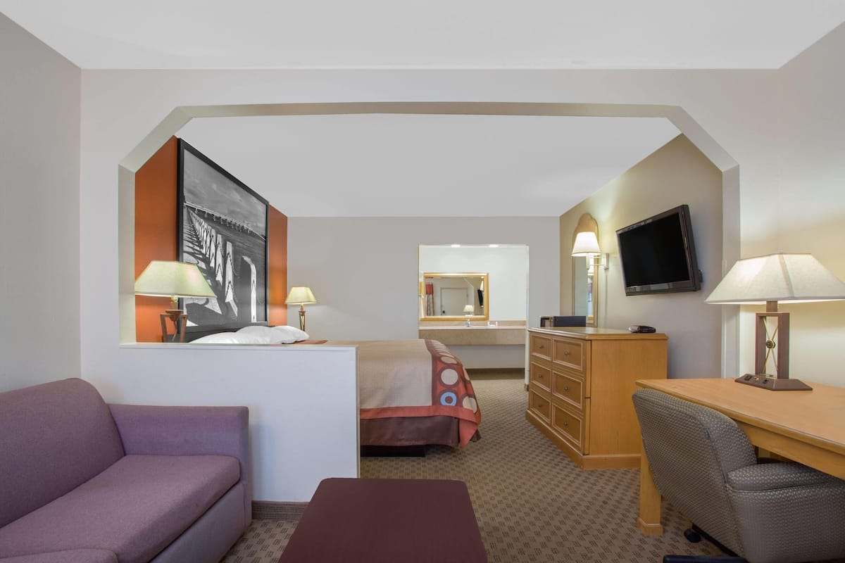A hotel room with a bed, a desk, a chair, a sofa, a television, and a mirror.
