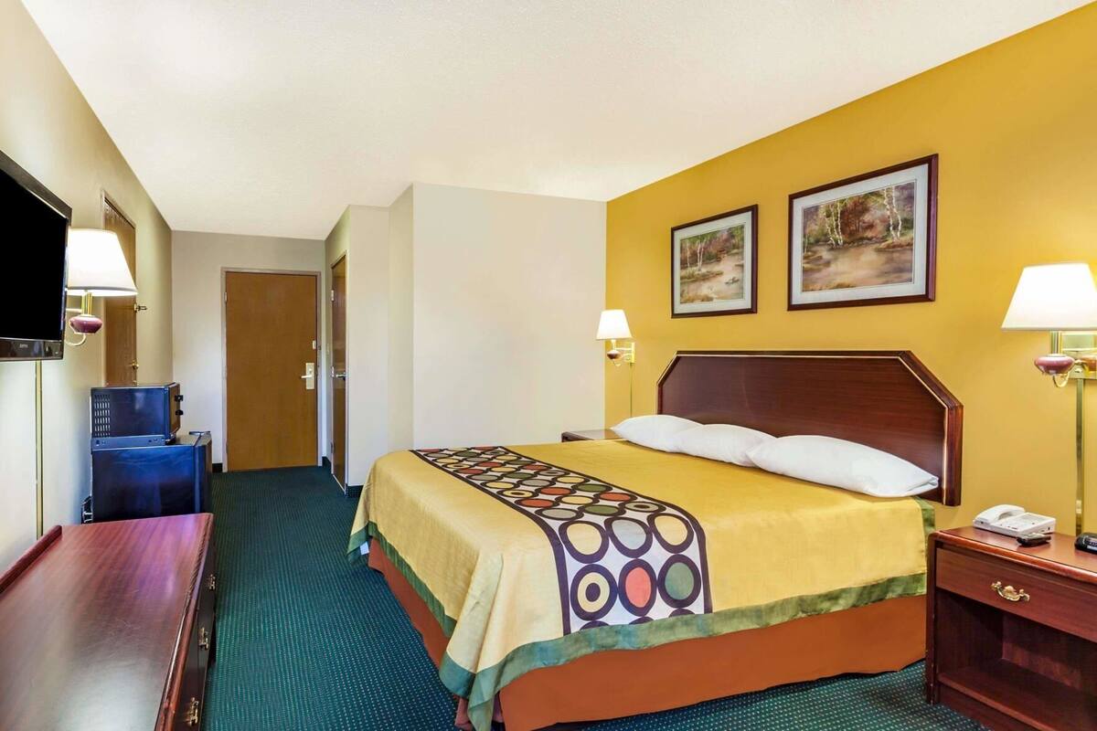 Una habitación de hotel con una cama, lámparas de noche, un escritorio, un televisor y dos cuadros en la pared.
