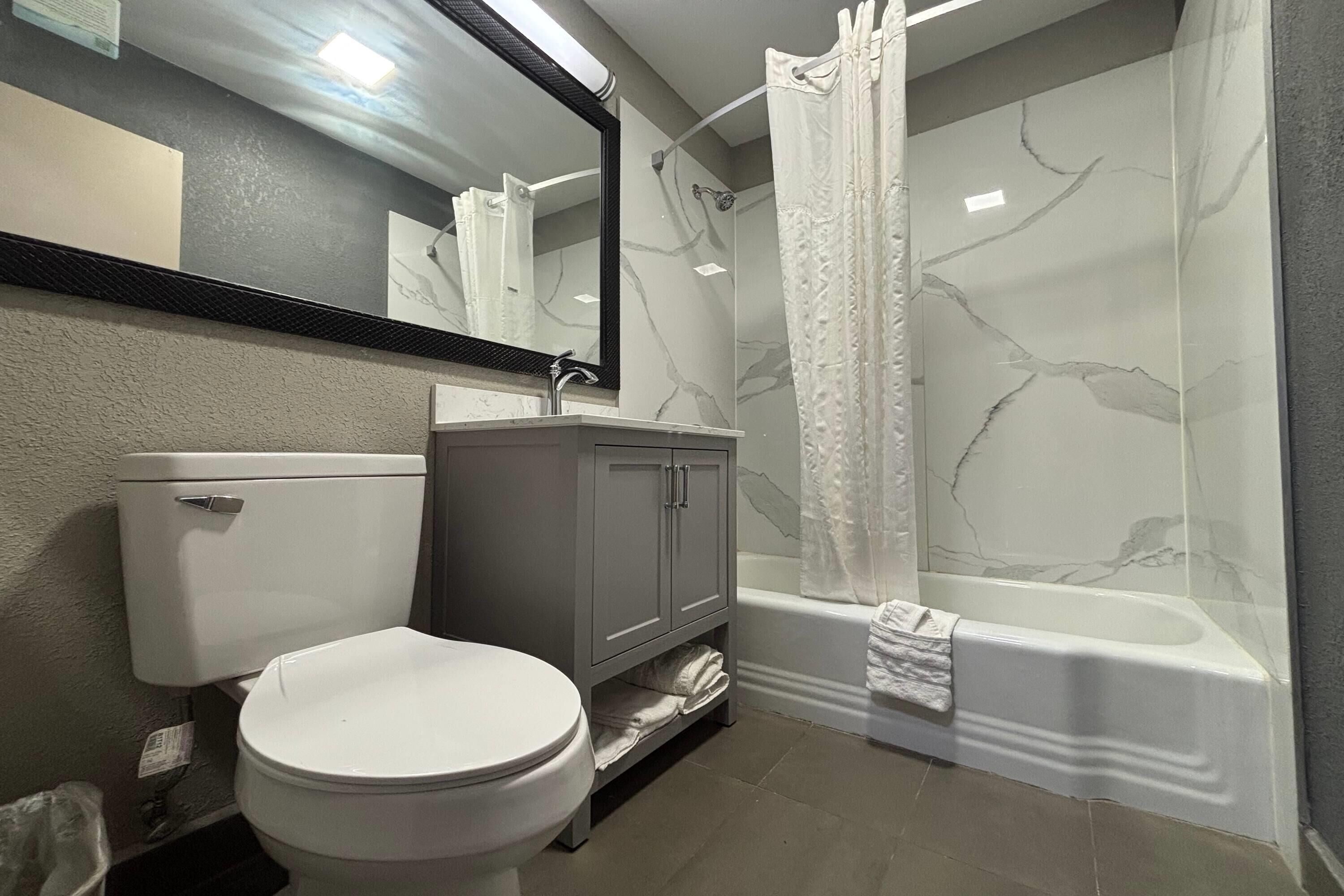 Shower, free toiletries, hair dryer, towels