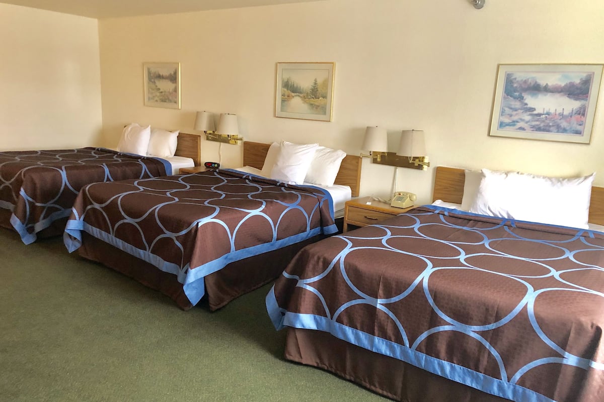 A hotel room with two beds, each with a brown bedspread and blue trim, a wooden nightstand with a lamp, and a painting on the wall.