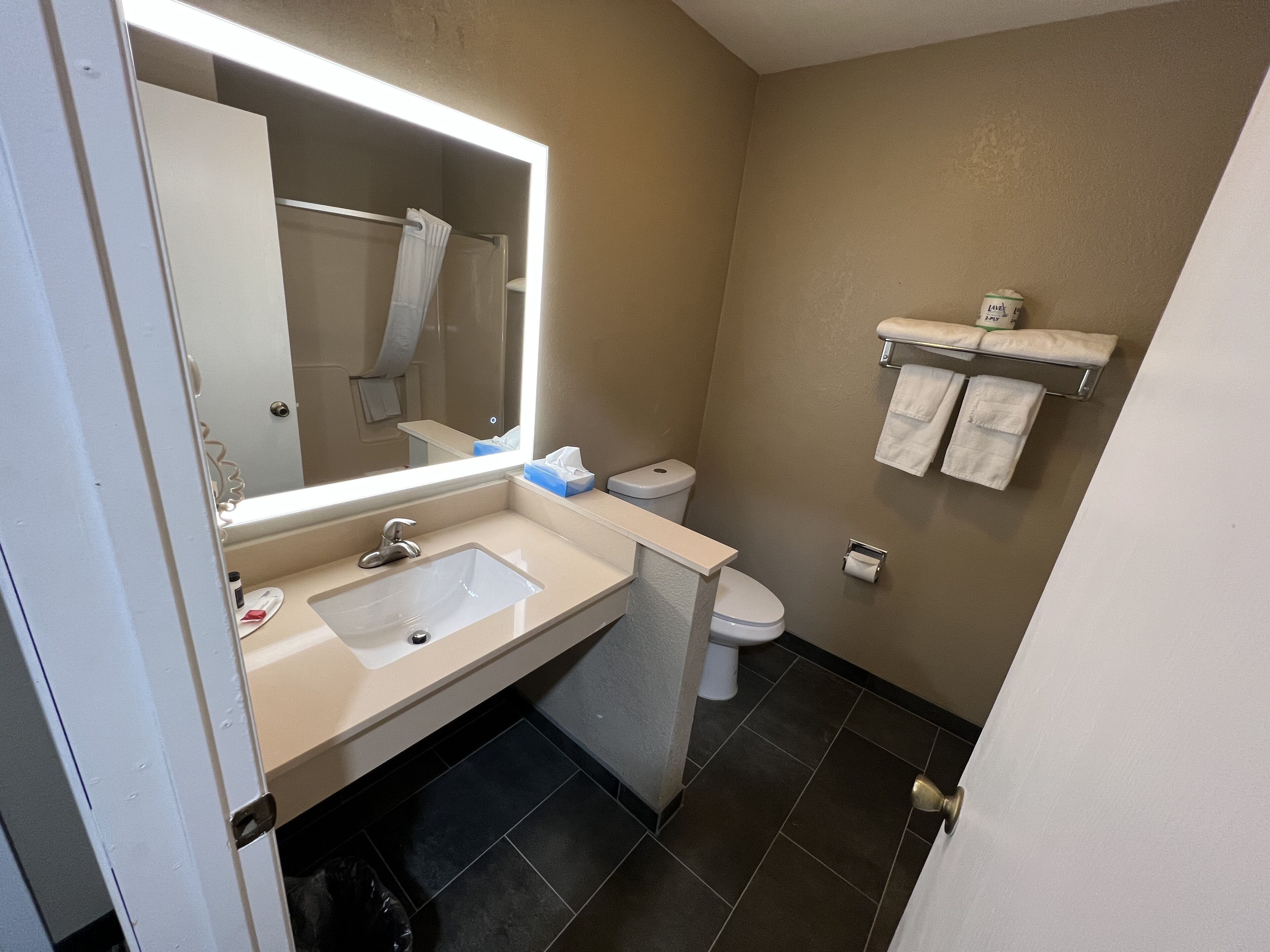 A bathroom with a sink, mirror, toilet, and towel rack.