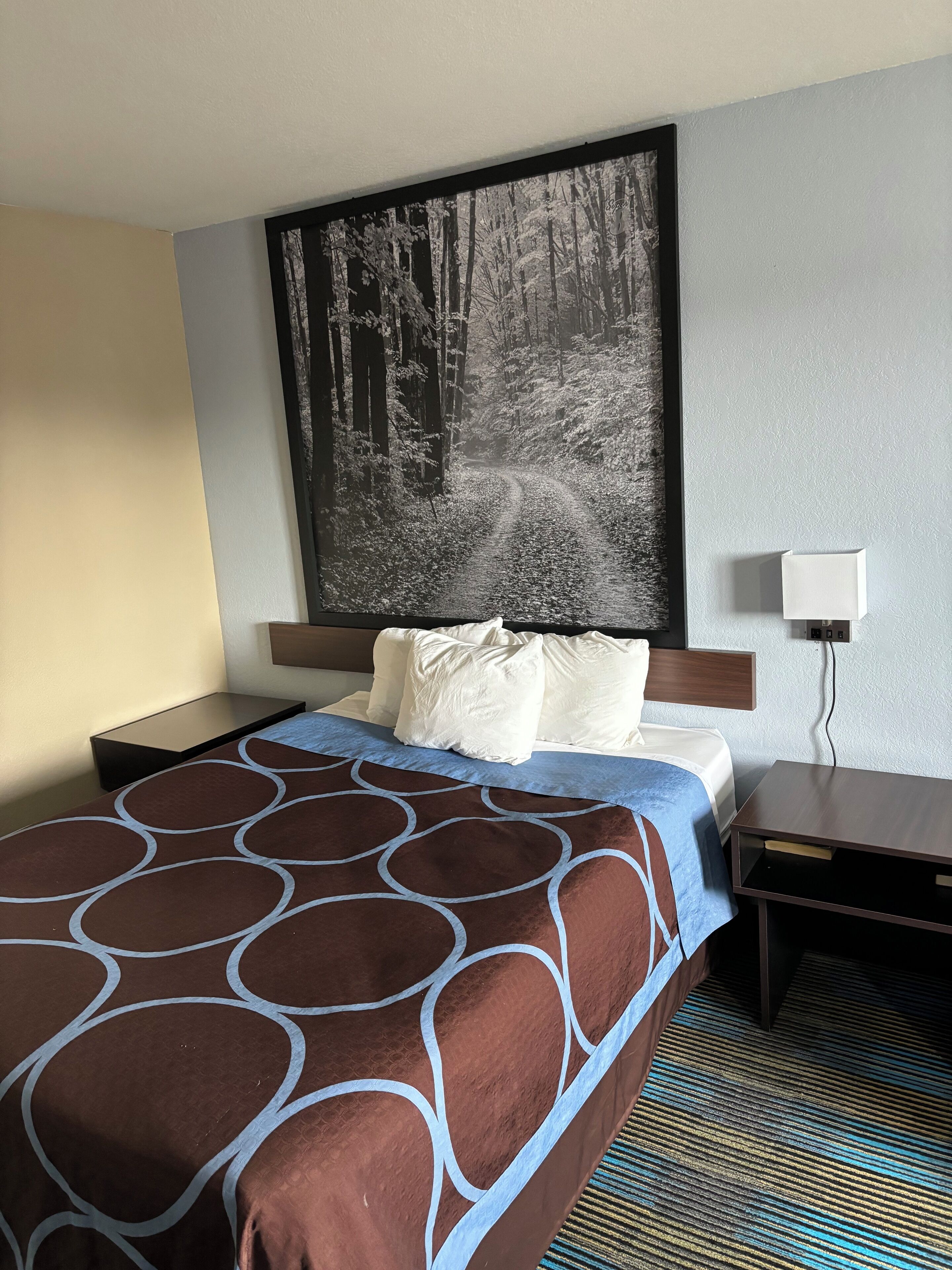 A hotel room with a large bed, a headboard with a forest-themed artwork, a bedside table with a lamp, and a striped carpet.