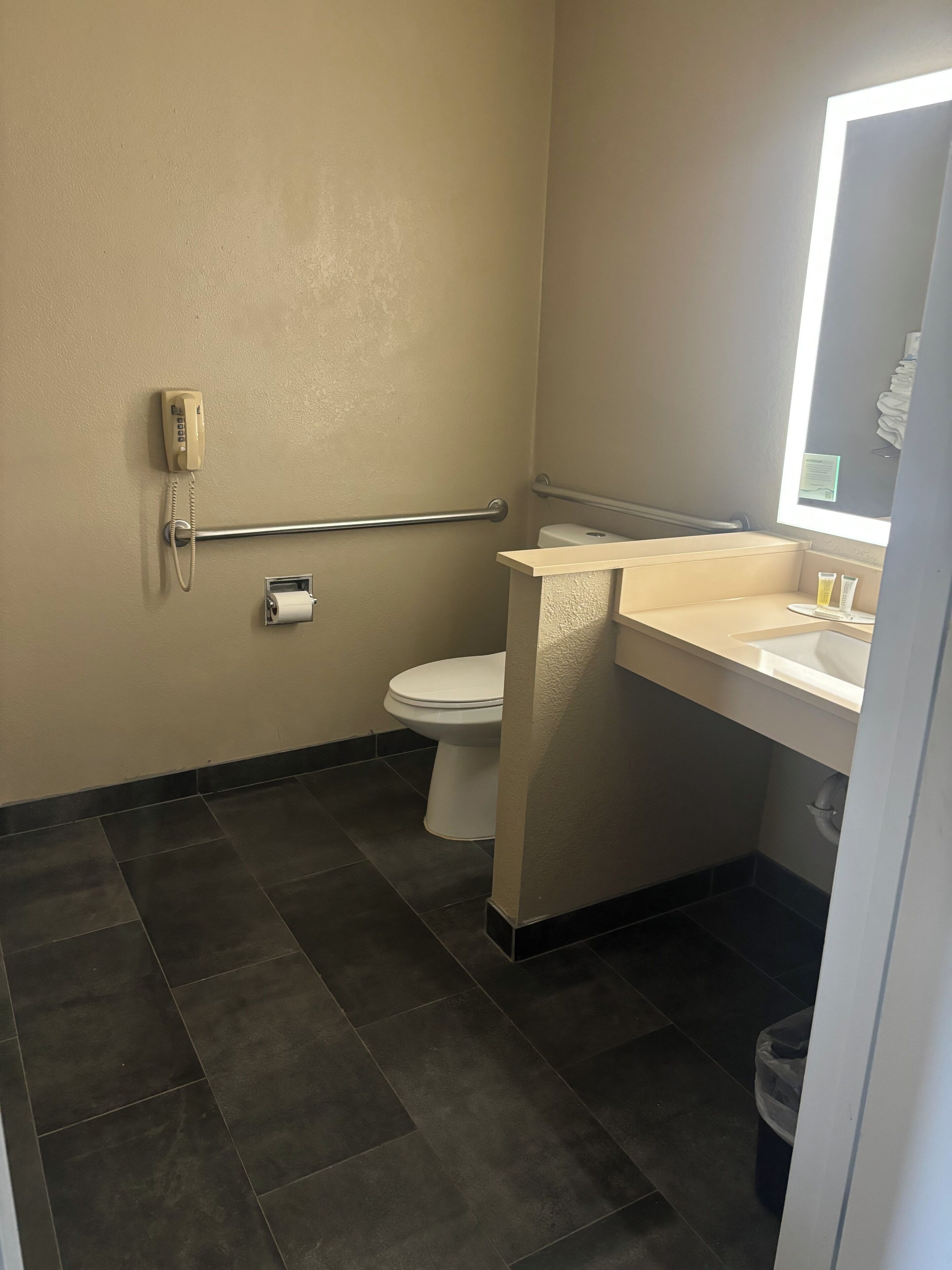 A bathroom with a toilet, a sink, a mirror, a handrail, and a phone.